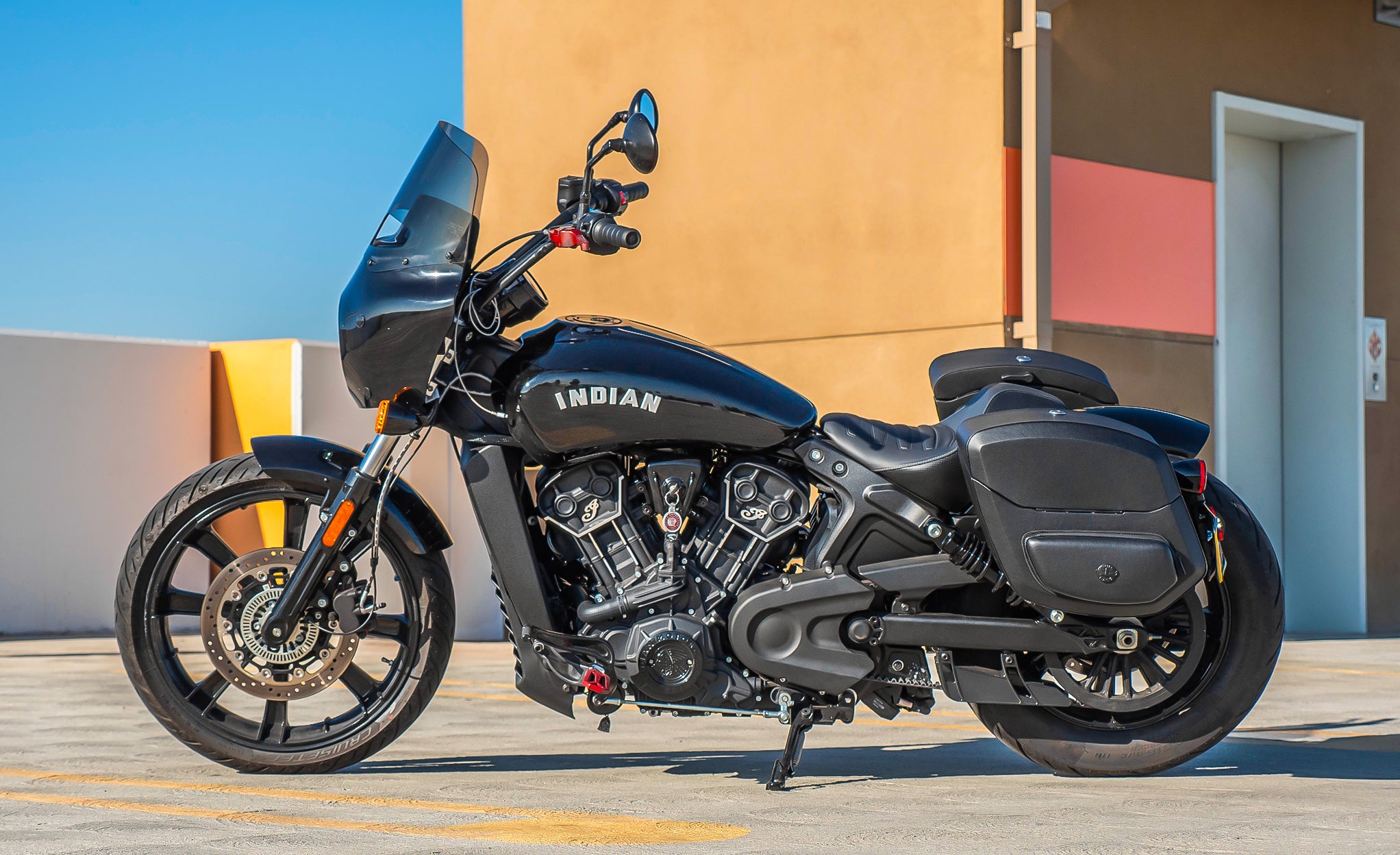 24L - Ironclad Quick-Mount Medium Indian Scout Rogue Sixty Leather Wrapped Hard Saddlebags Life Style Photo @expand