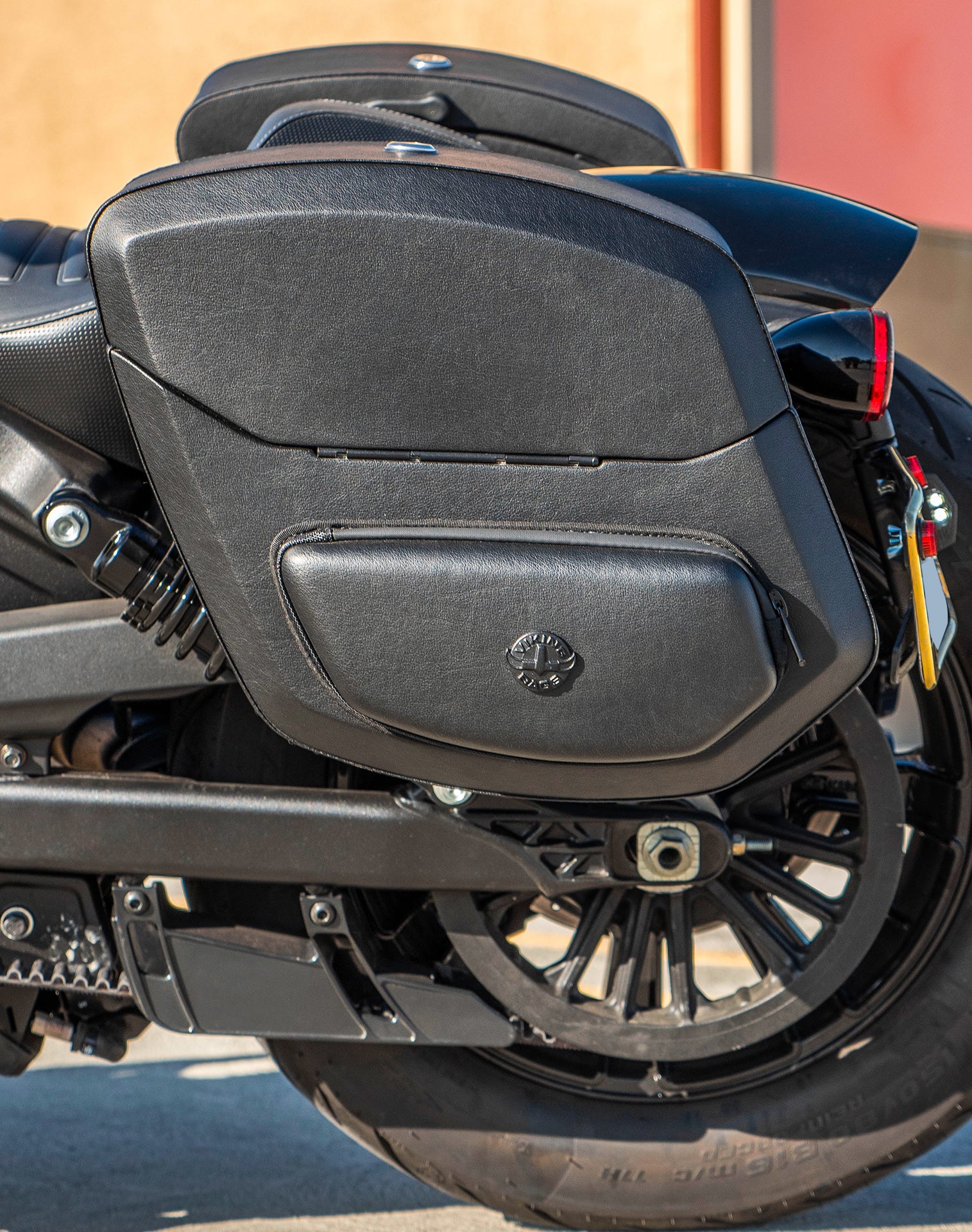 24L - Ironclad Quick-Mount Medium Indian Scout Rogue Sixty Leather Wrapped Hard Saddlebags Life Style 2