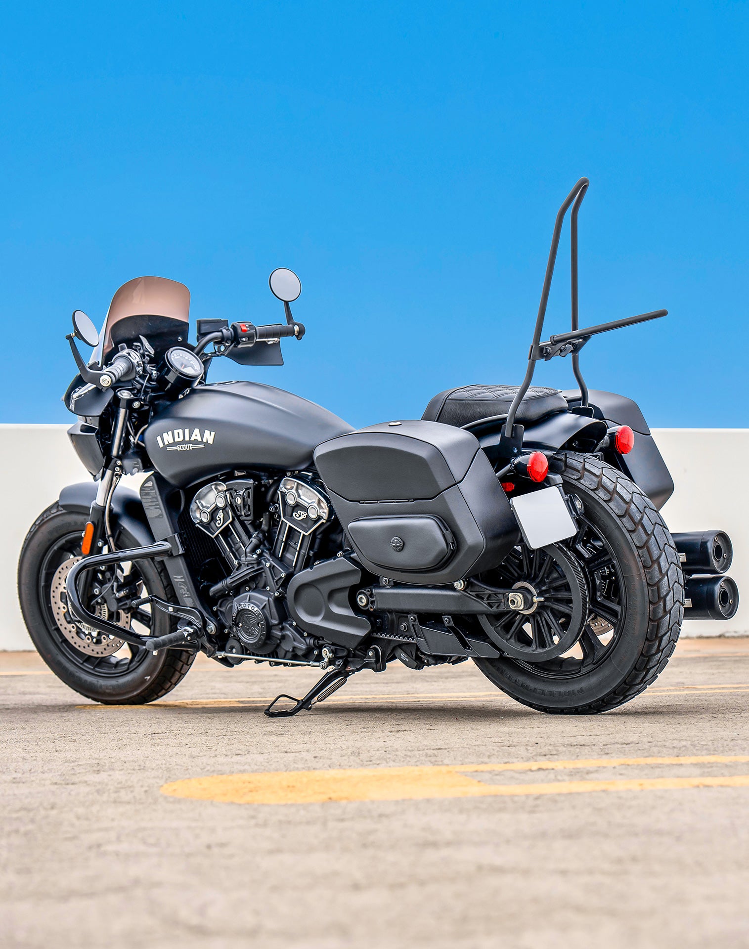 24L - Ironclad Quick-Mount Medium Indian Scout Rogue Leather Wrapped Hard Saddlebags Vertical Lifestyle