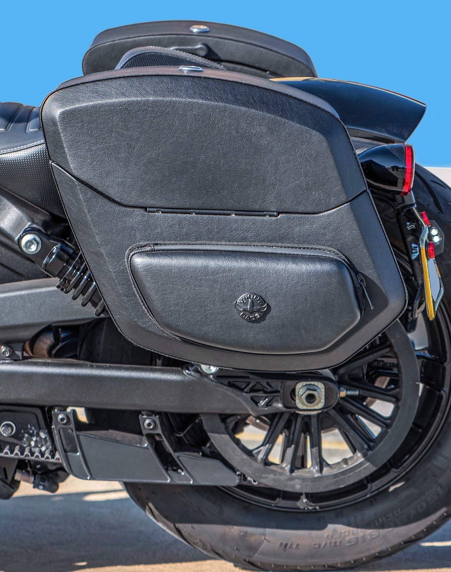 24L - Ironclad Quick-Mount Medium Indian Scout Rogue Leather Wrapped Hard Saddlebags Vertical Lifestyle