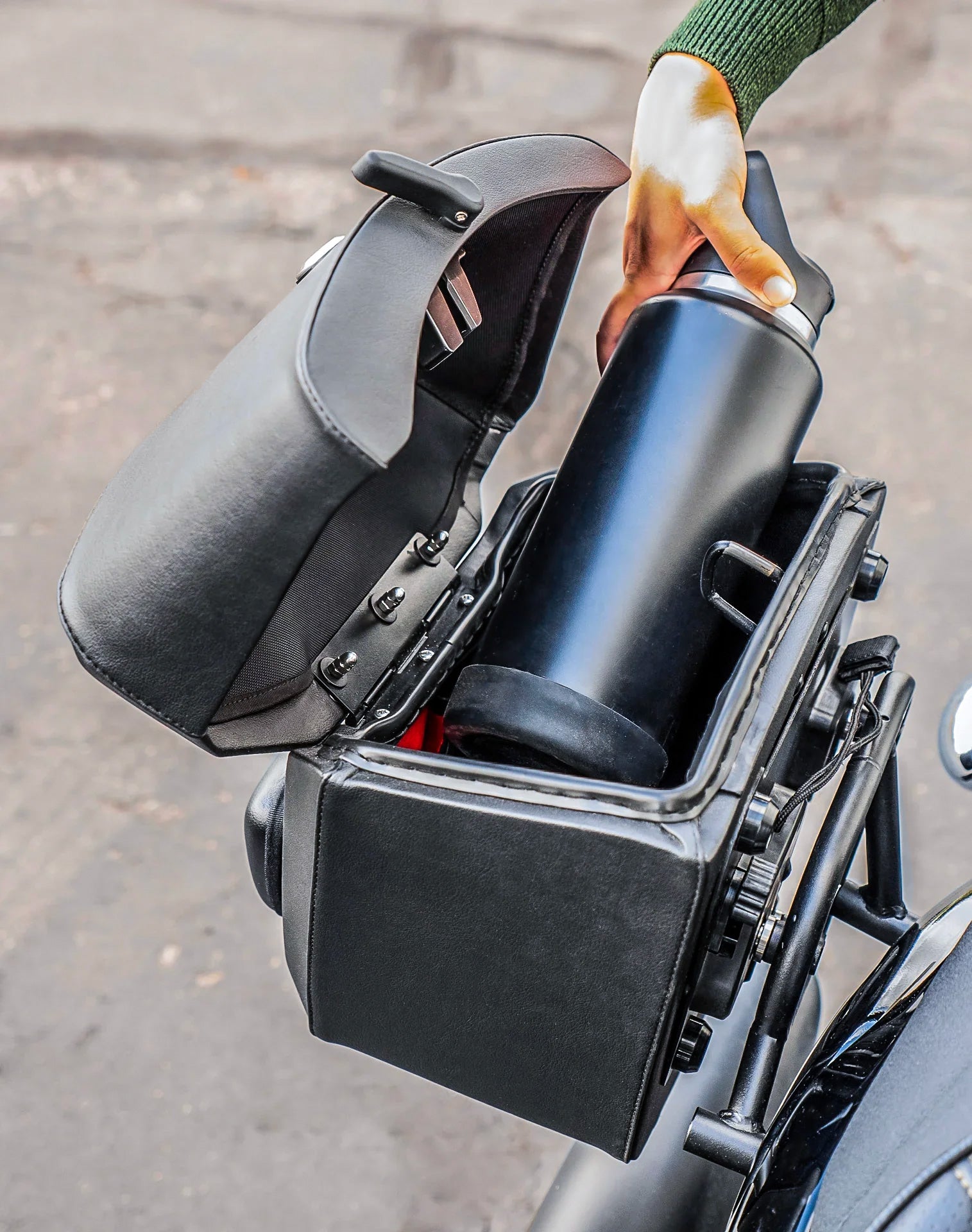 24L - Ironclad Quick-Mount Medium Indian Scout Rogue Leather Wrapped Hard Saddlebags Vertical Lifestyle