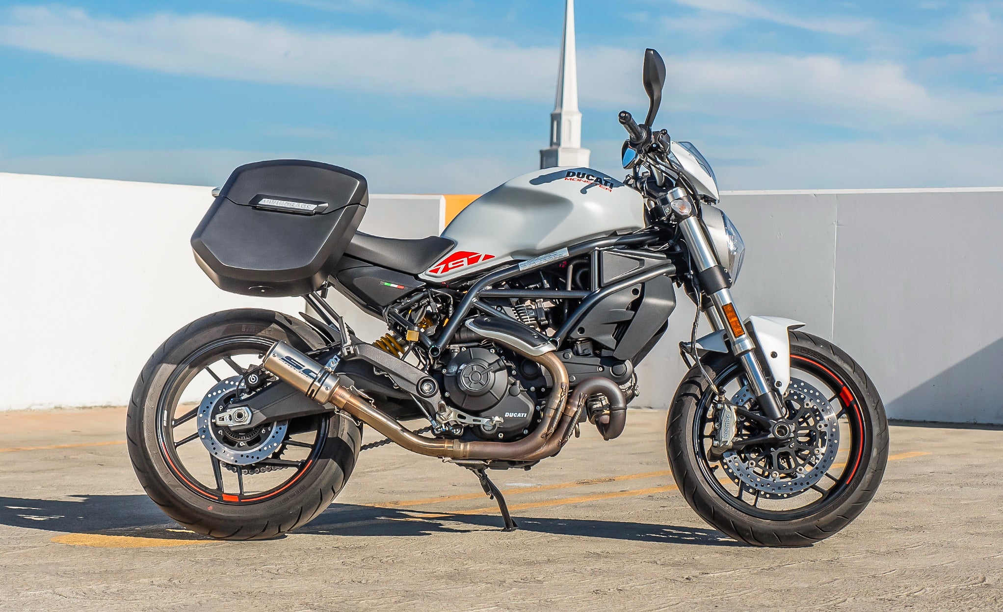 24L - Ironclad Quick-Mount Medium Ducati Monster 797 Matte Hard Saddlebags Life Style Photo @expand