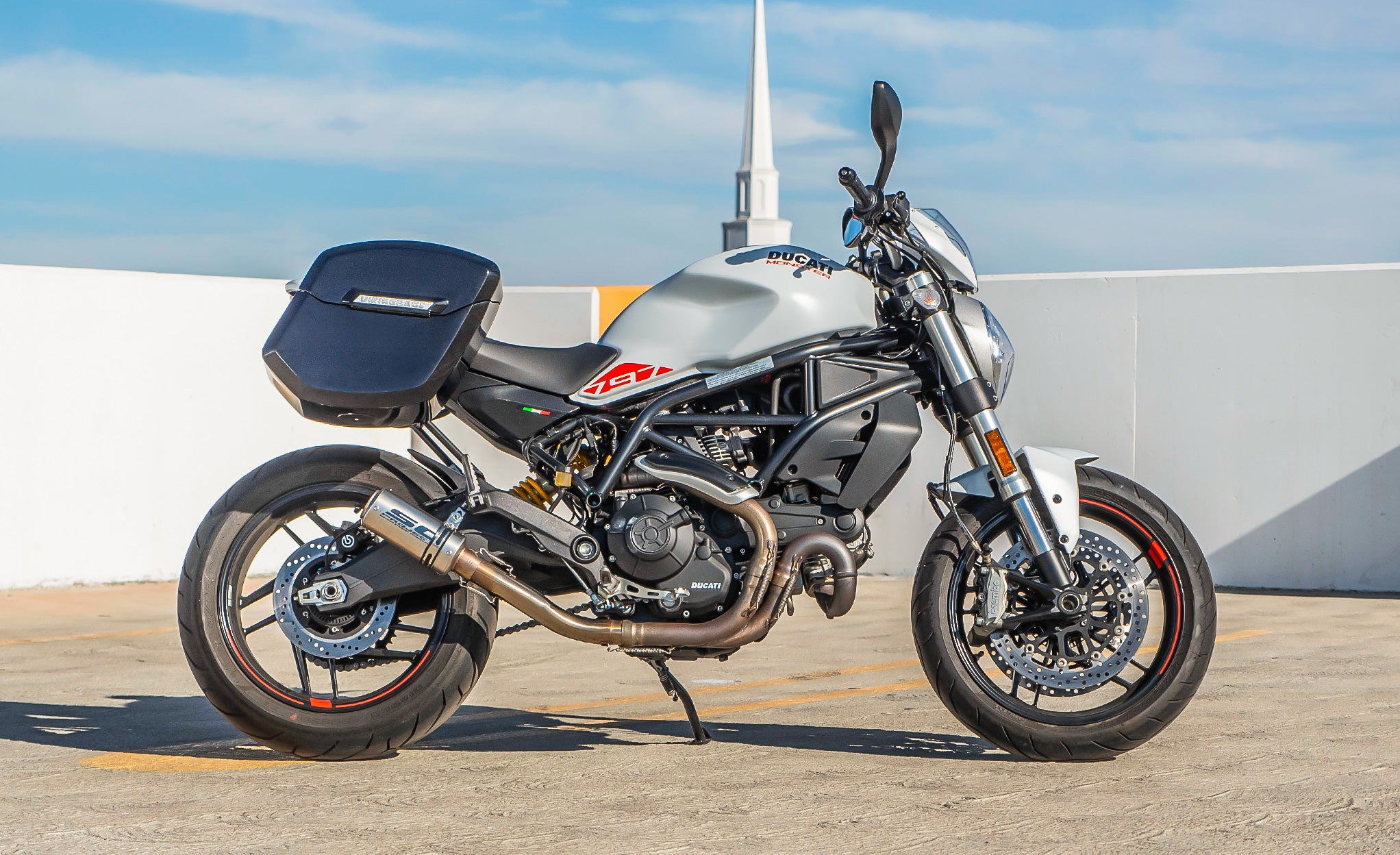 24L - Ironclad Quick-Mount Medium Ducati Monster 797 Painted Hard Saddlebags Life Style Photo @expand