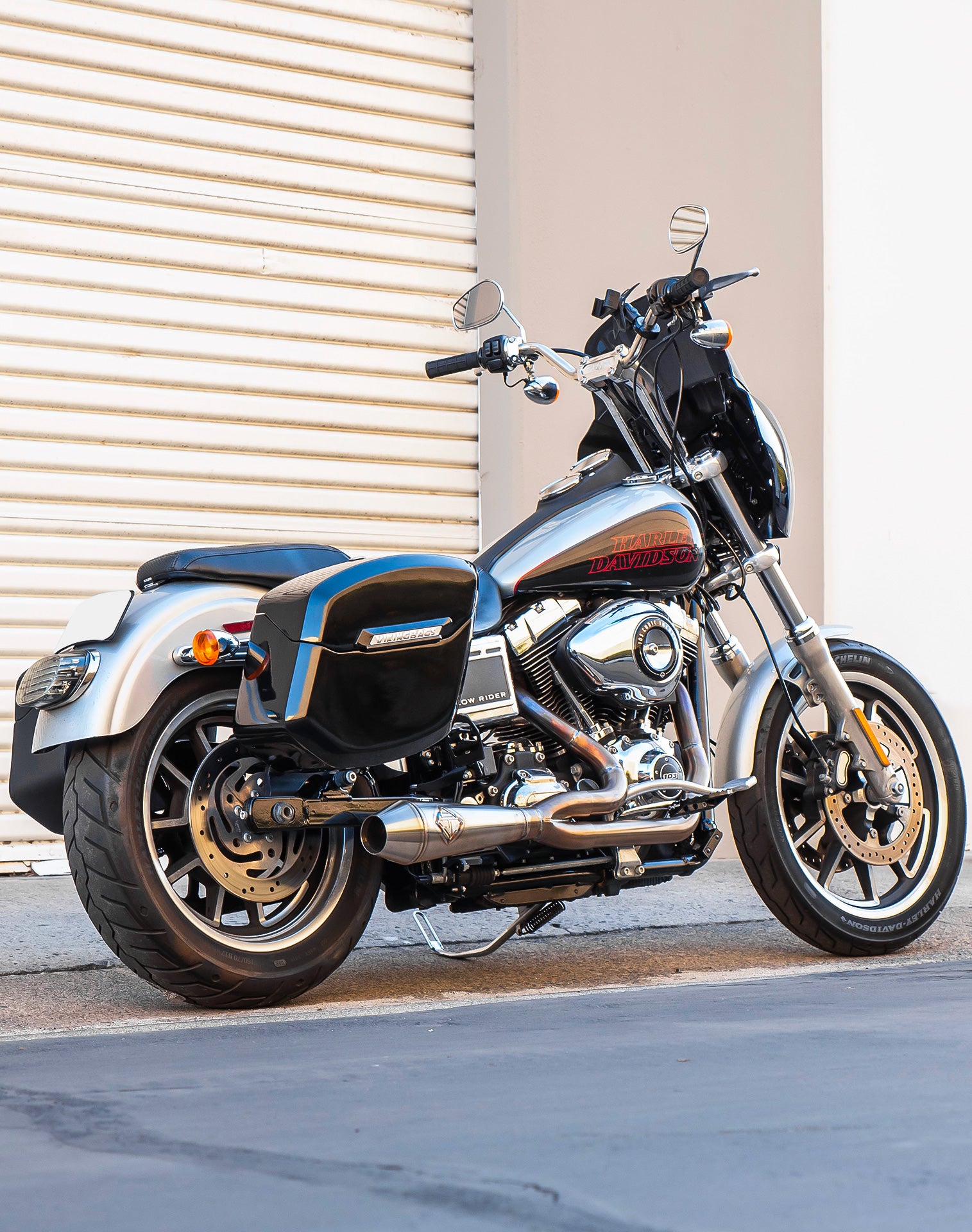 24L - Ironclad Quick-Mount Medium Harley Dyna Low Rider FXDL Painted Hard Saddlebags Life style 1