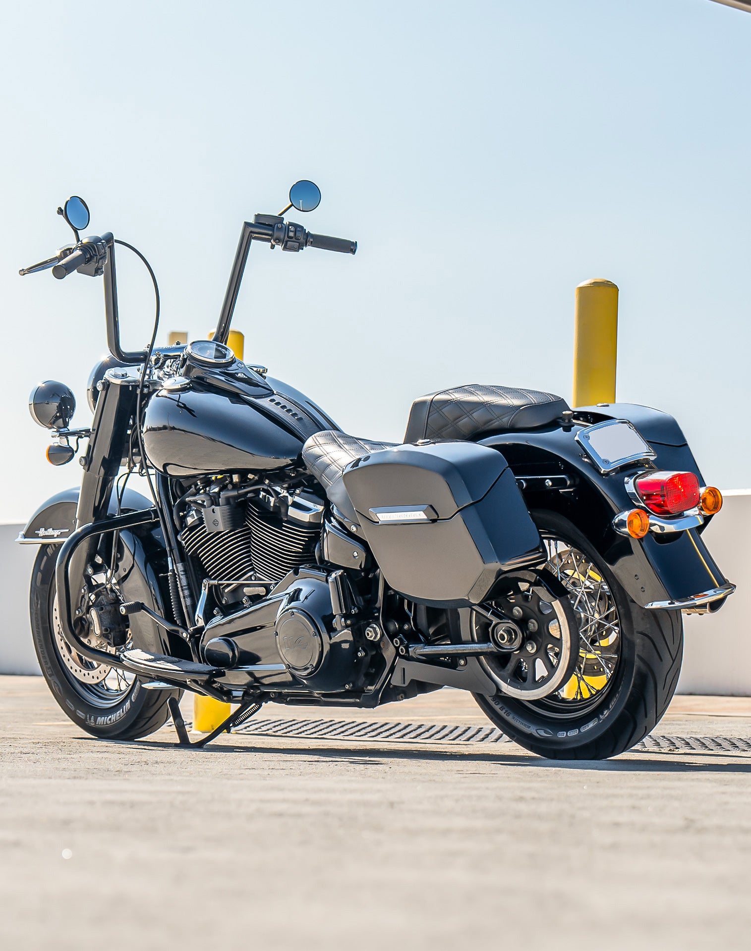 24L - Ironclad Quick-Mount Medium Harley Softail Heritage FLHC/S Painted Hard Saddlebags Lifestyle