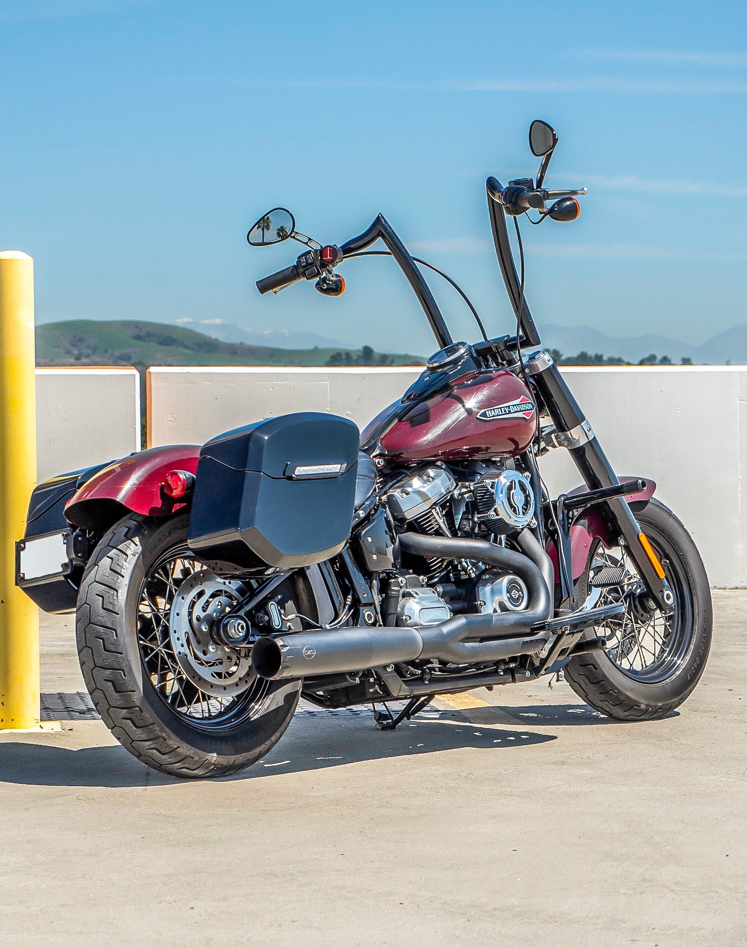 24L - Ironclad Quick-Mount Medium Harley Softail Slim FLSL Painted Hard Saddlebags Life style 1