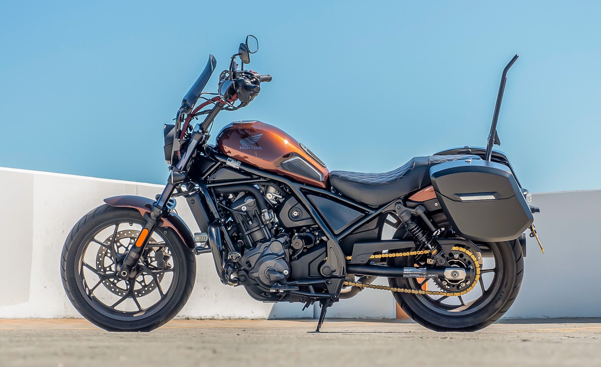 24L - Ironclad Quick-Mount Medium Honda Rebel 1100 Matte Hard Saddlebags Life Style Photo @expand