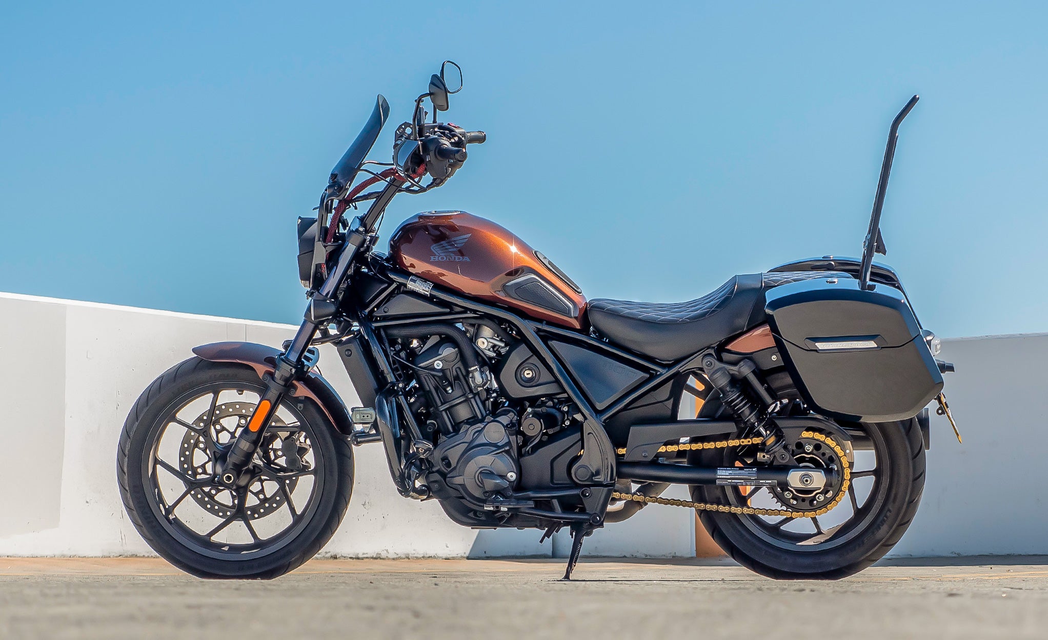 24L - Ironclad Quick-Mount Medium Honda Rebel 1100 Painted Hard Saddlebags Life Style Photo @expand