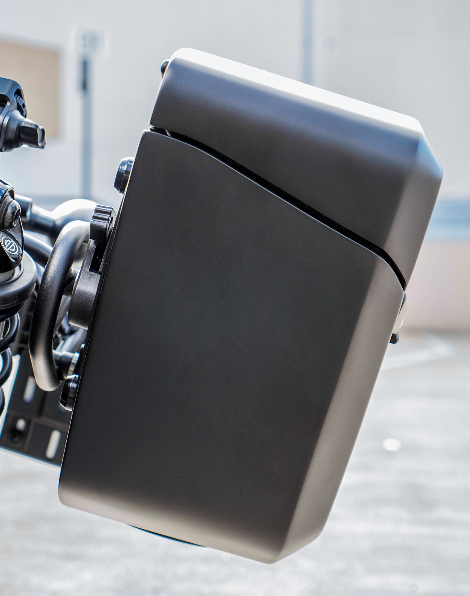 24L - Ironclad Quick-Mount Medium Indian Chief Dark Horse Matte Hard Saddlebags Lifestyle Image