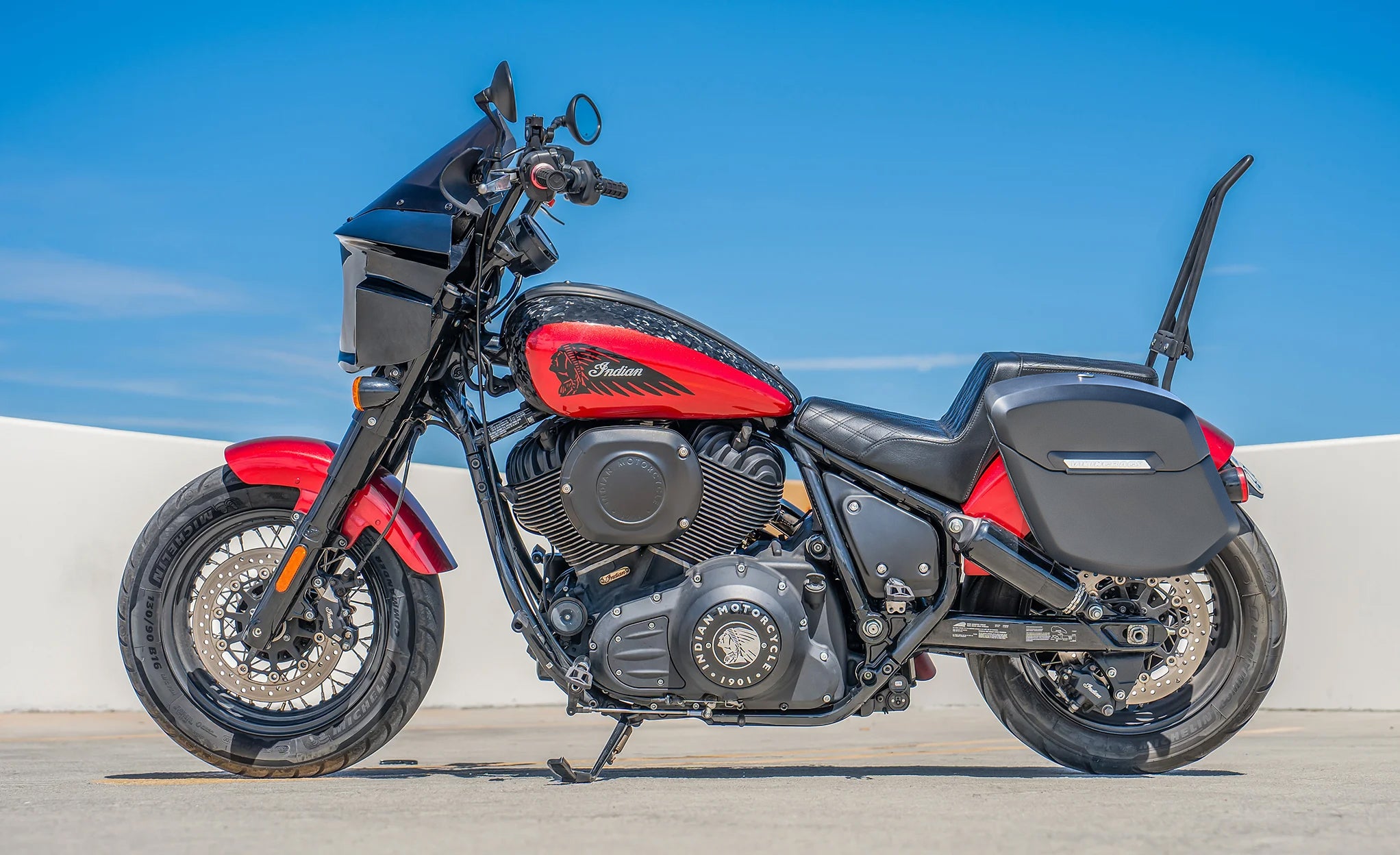 24L - Ironclad Quick-Mount Medium Indian Chief Dark Horse Matte Hard Saddlebags Lifestyle Image @expand