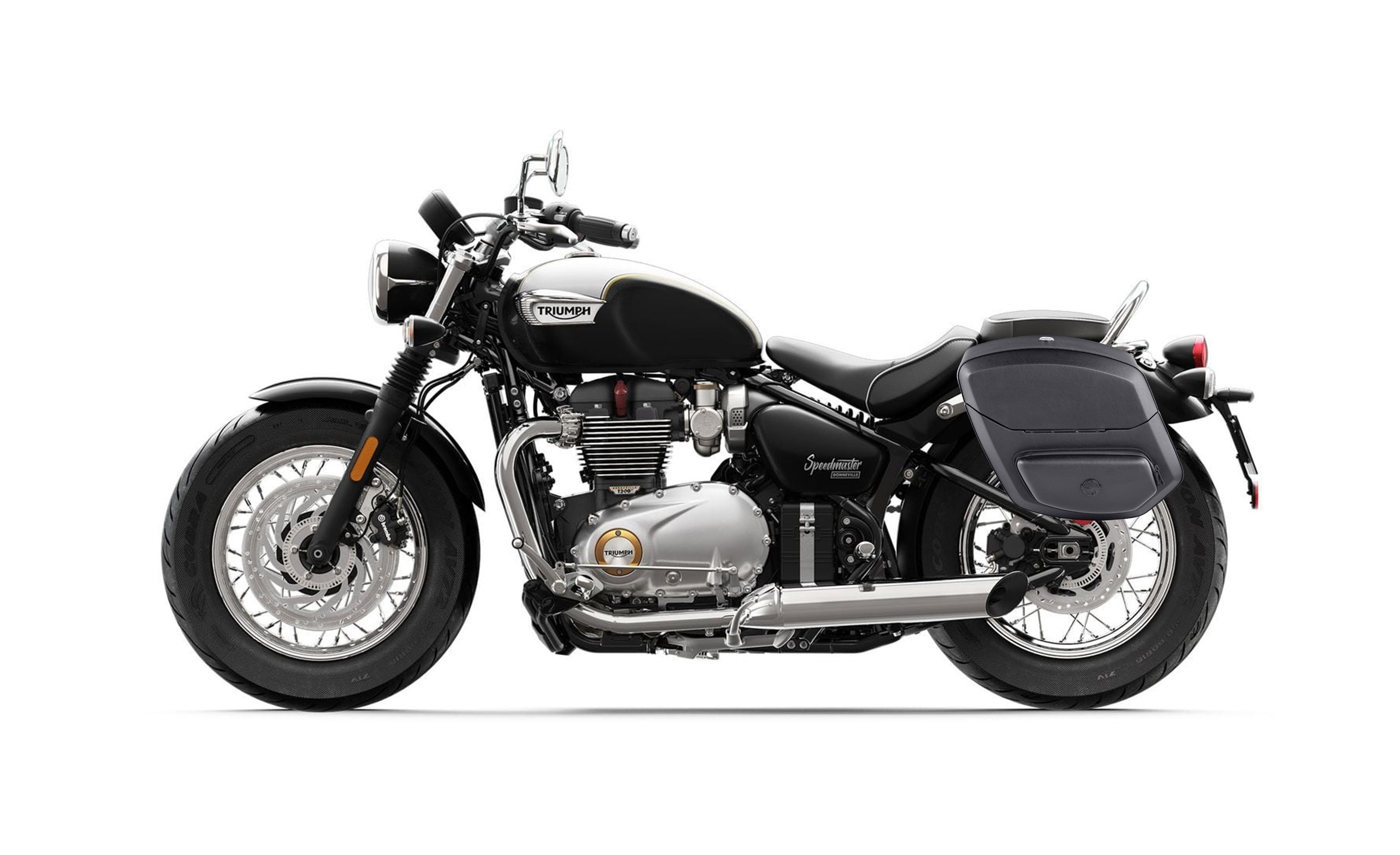 24L - Ironclad Quick-Mount Medium Triumph Bonneville Speedmaster Leather Wrapped Hard Saddlebags Life Style Photo @expand