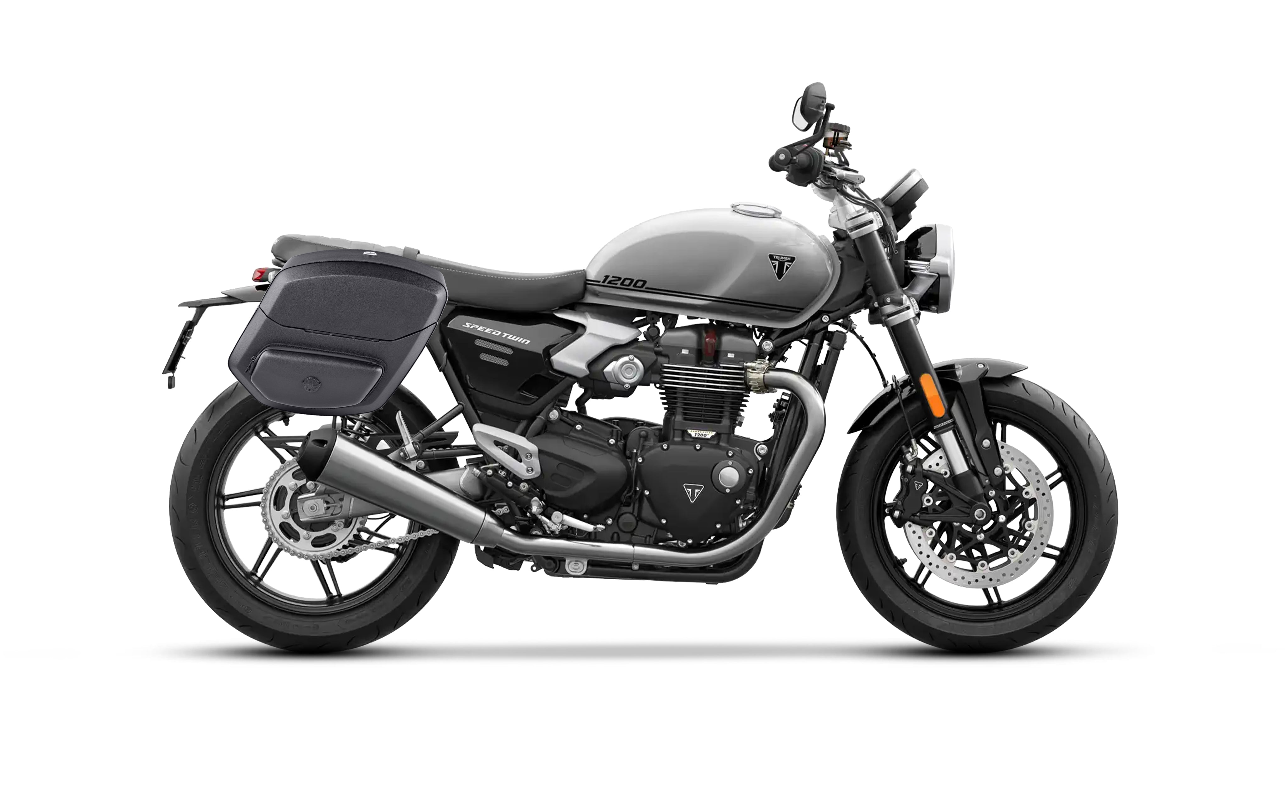 24L - Ironclad Quick-Mount Medium Triumph Speed Twin 1200 Leather Wrapped Hard Saddlebags Bag on Bike @expand