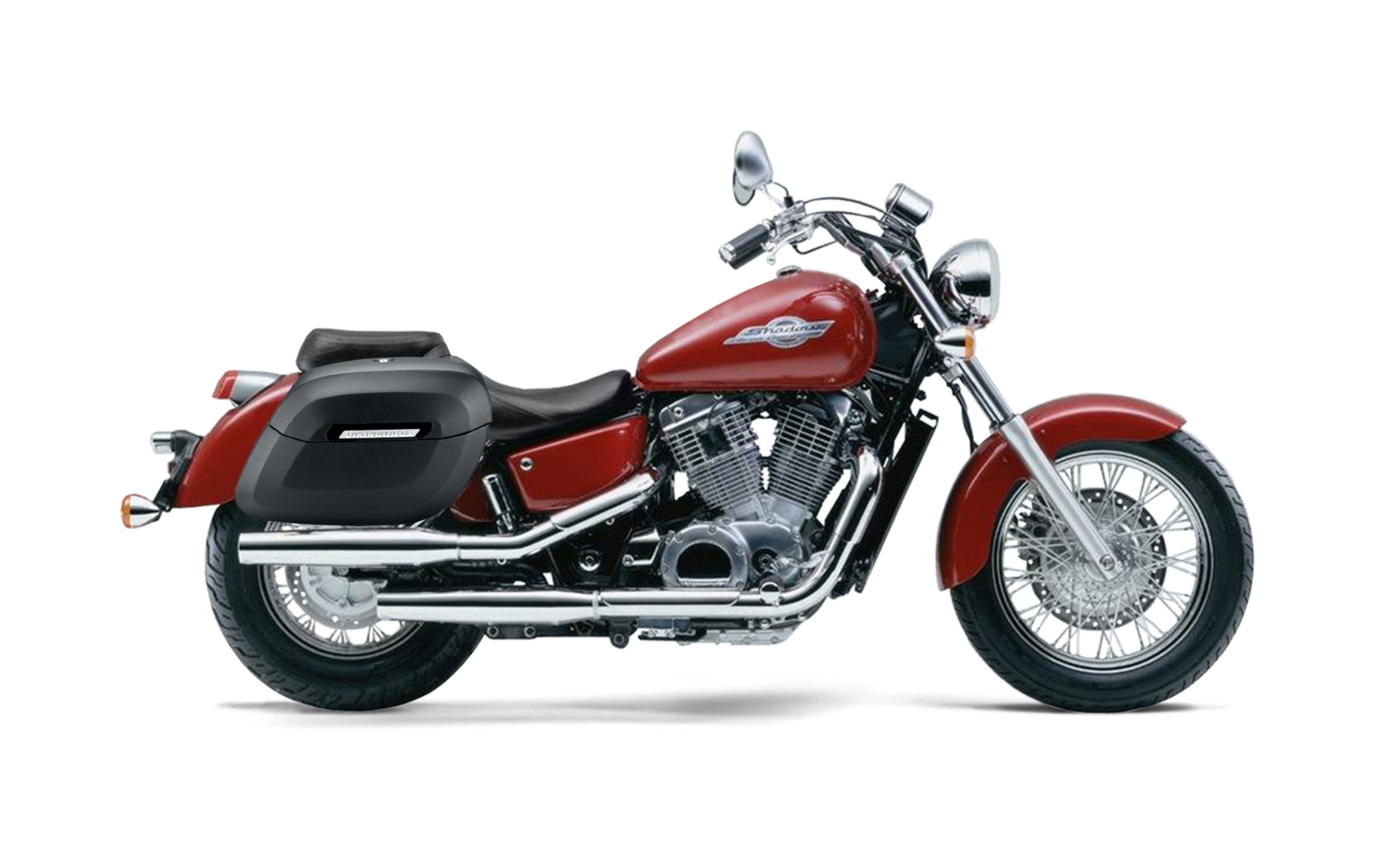 34L - Lamellar Raven Extra Large Honda Shadow 1100 Ace Shock Cut-out Leather Covered Motorcycle Hard Saddlebags Bag on Bike @expand