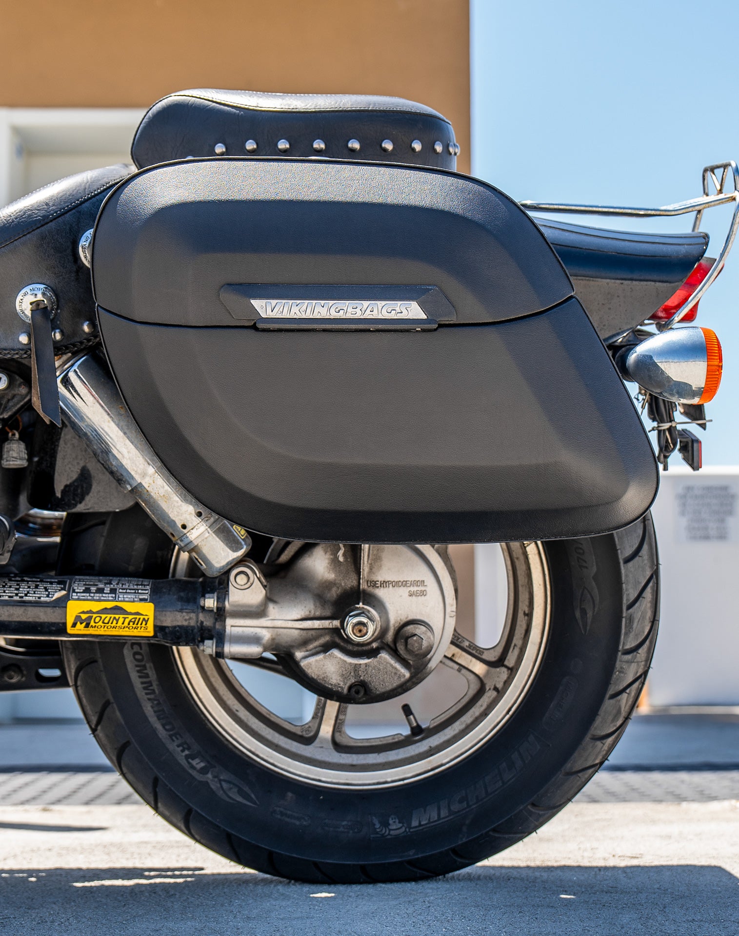 36L - Lamellar Raven Extra Large Honda Shadow 1100 Spirit Shock Cut-out Leather Covered Motorcycle Hard Saddlebags v2