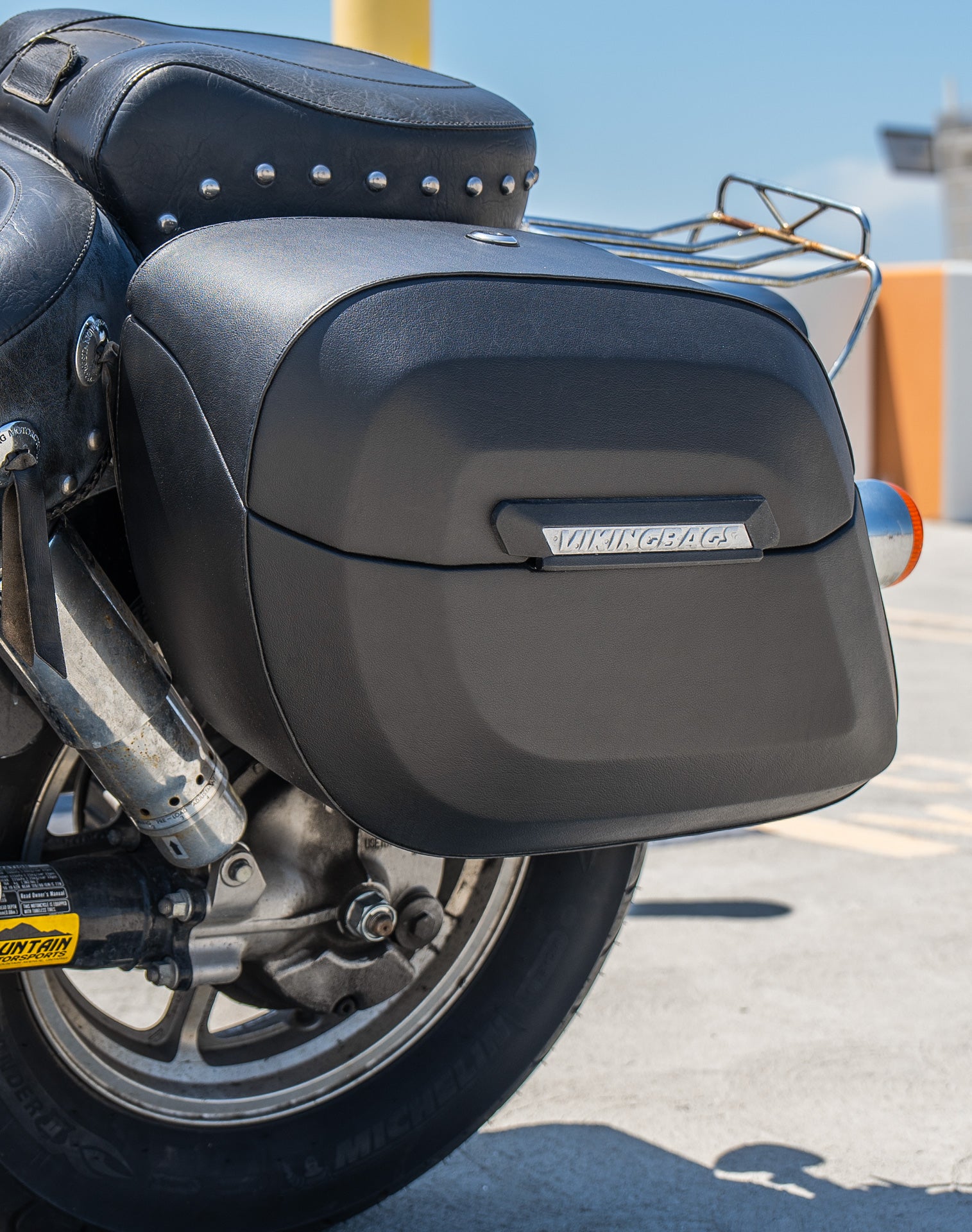 36L - Lamellar Raven Extra Large Honda Shadow 1100 Spirit Shock Cut-out Leather Covered Motorcycle Hard Saddlebags v3