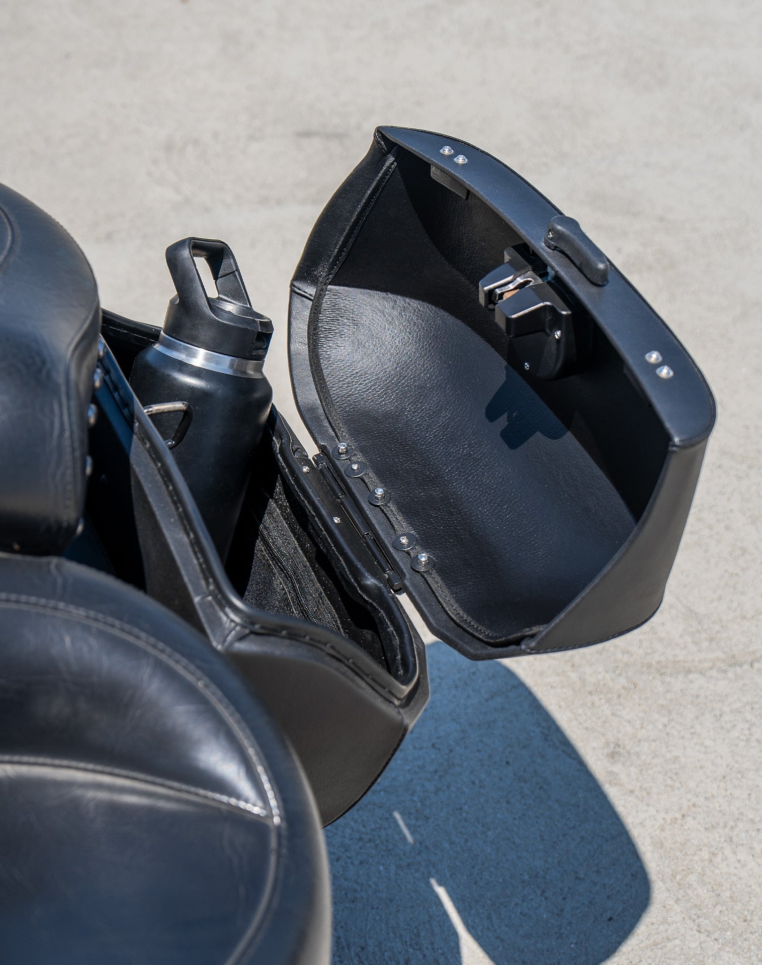 36L - Lamellar Raven Extra Large Honda Shadow 1100 Spirit Shock Cut-out Leather Covered Motorcycle Hard Saddlebags v4