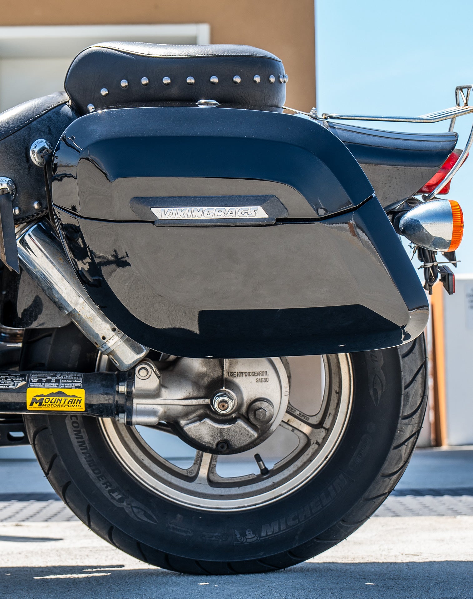 36L - Lamellar Raven Extra Large Honda Shadow 1100 Spirit Shock Cut-out Painted Motorcycle Hard Saddlebags v2