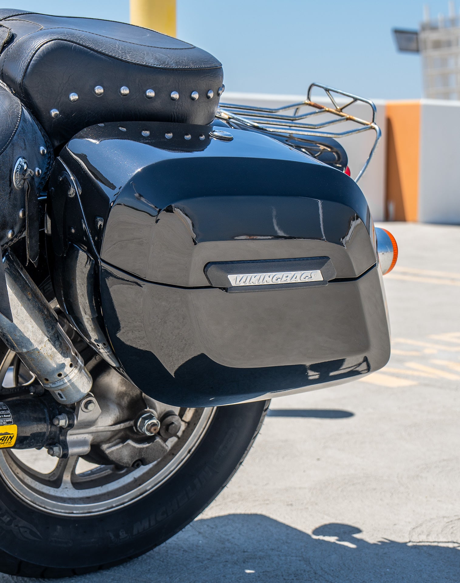 36L - Lamellar Raven Extra Large Honda Shadow 1100 Spirit Shock Cut-out Painted Motorcycle Hard Saddlebags v3