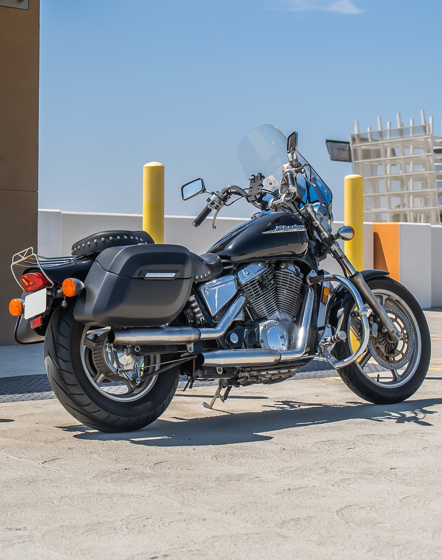 36L - Lamellar Raven Extra Large Honda Shadow 1100 Spirit Shock Cutout Matte Motorcycle Hard Saddlebags v1