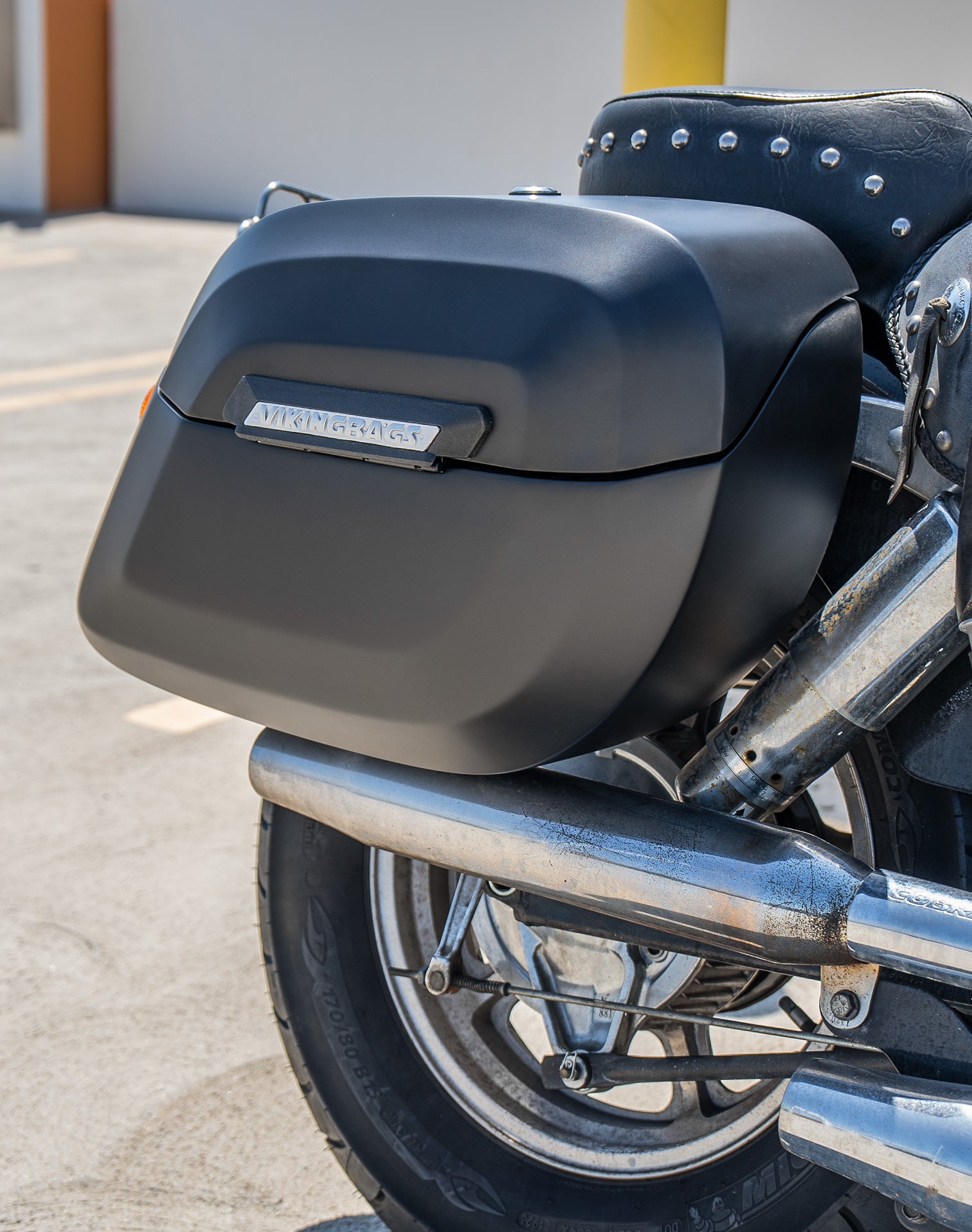 36L - Lamellar Raven Extra Large Honda Shadow 1100 Spirit Shock Cutout Matte Motorcycle Hard Saddlebags v3