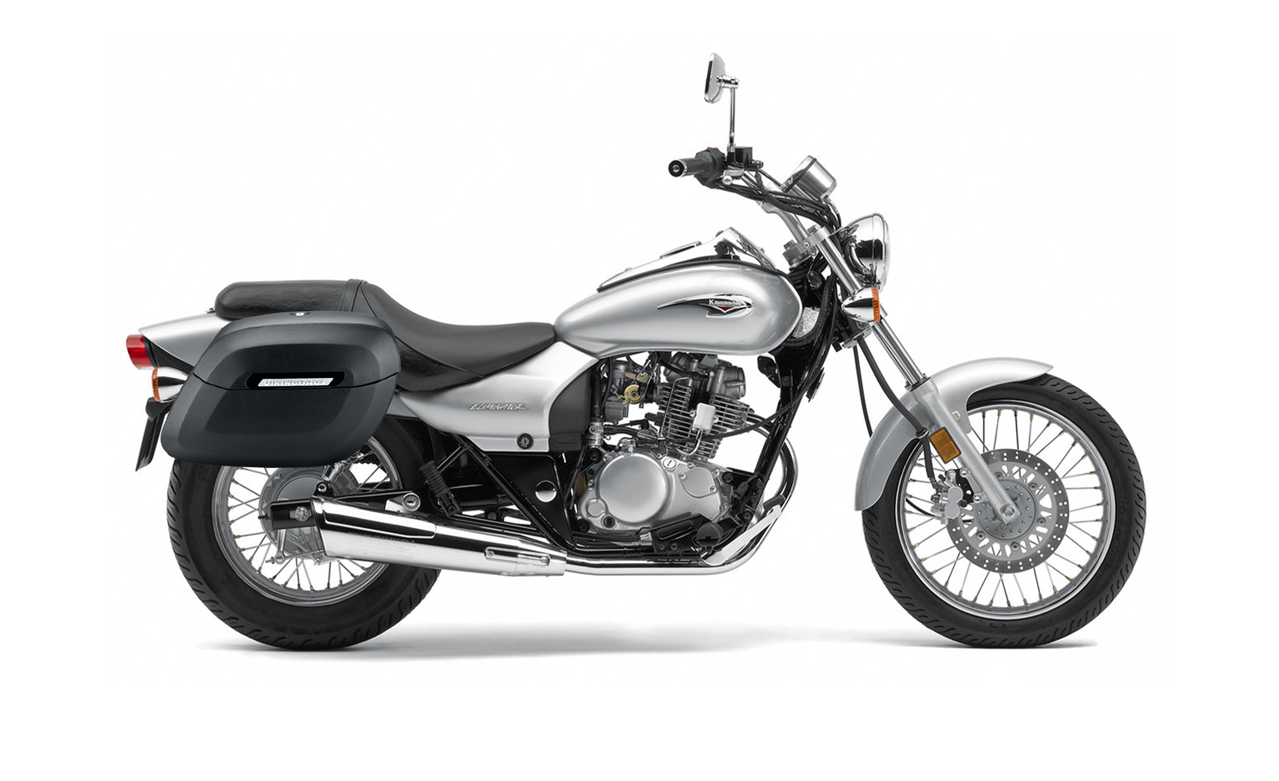 34L - Lamellar Raven Extra Large Kawasaki Eliminator 125 BN125 Shock Cut-out Leather Covered Motorcycle Hard Saddlebags Bag on Bike Photo @expand