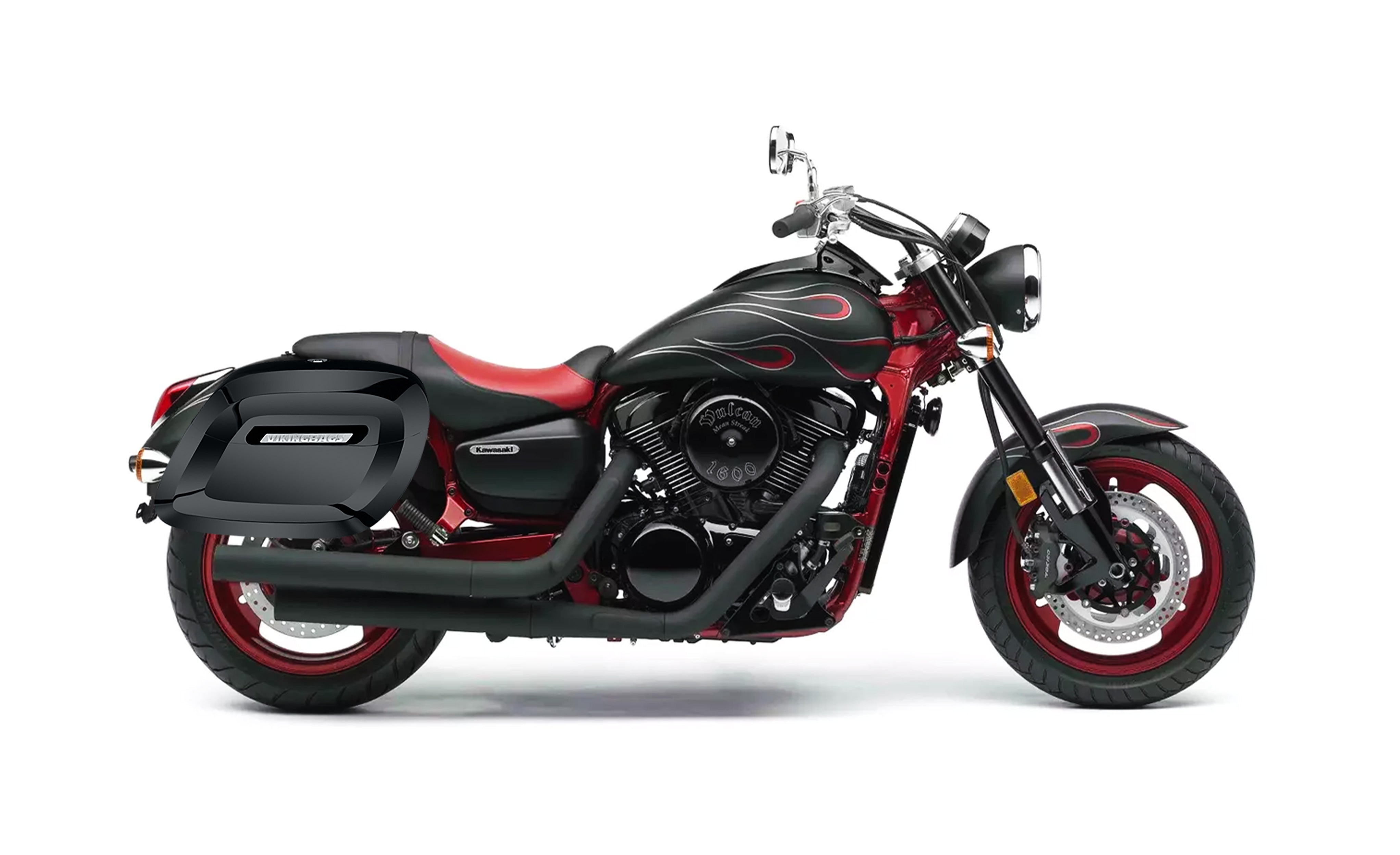34L - Lamellar Raven Extra Large Kawasaki Mean Streak 1600 Shock Cut-out Painted Motorcycle Hard Saddlebags Bag on Bike @expand