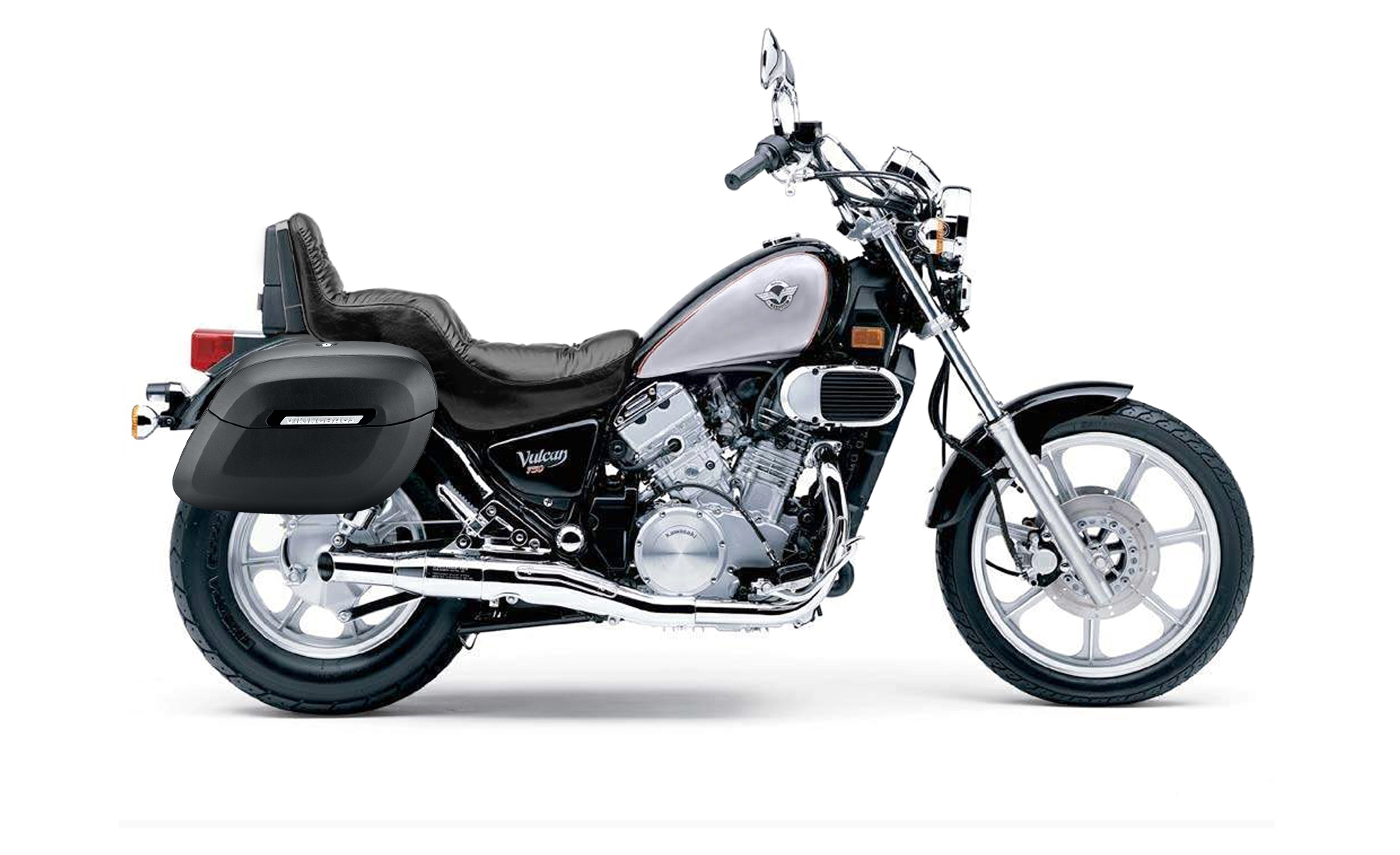 34L - Lamellar Raven Extra Large Kawasaki Vulcan 750 VN750 Shock Cut-out Leather Covered Motorcycle Hard Saddlebags Bag on Bike @expand