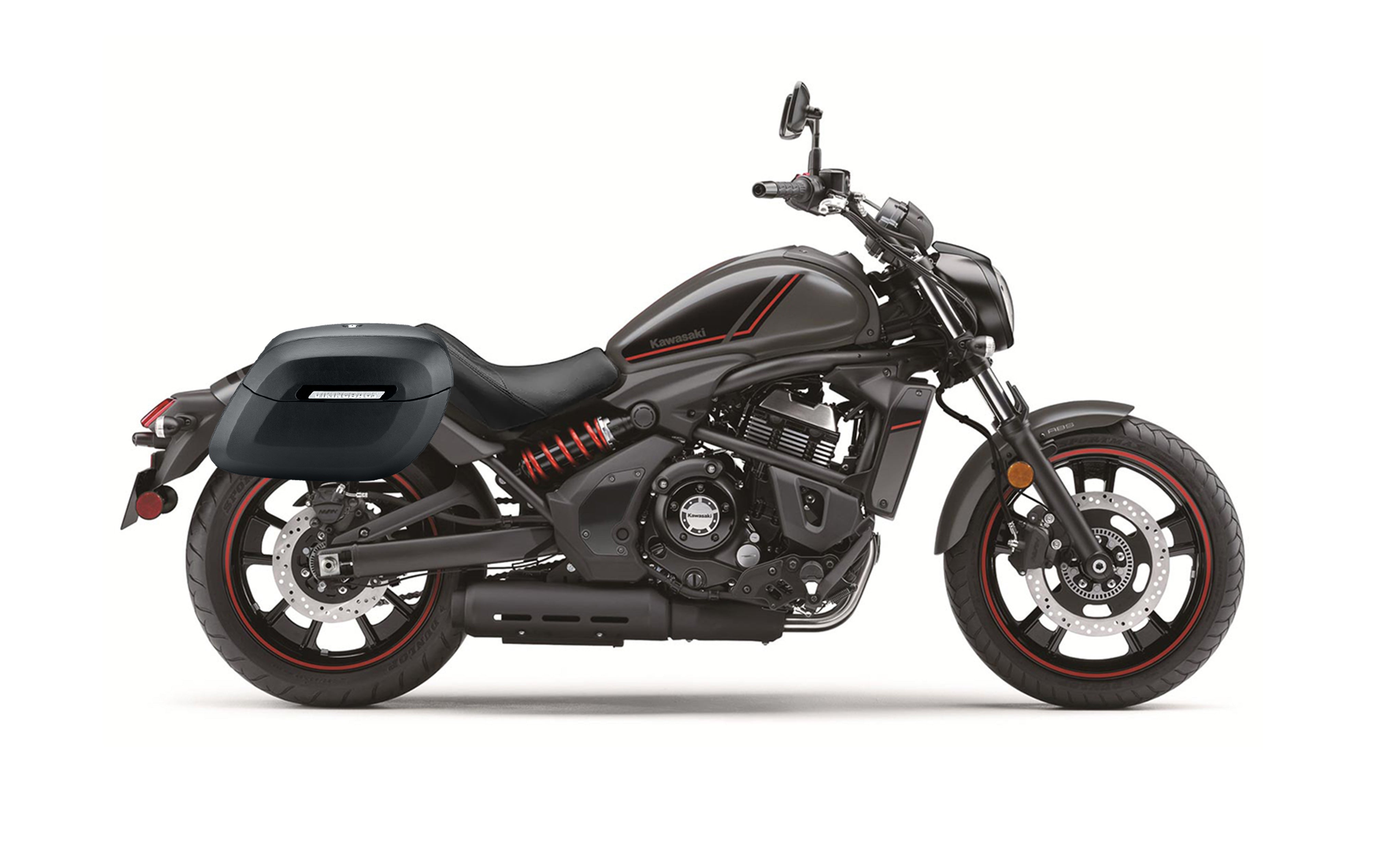 40L - Lamellar Raven Extra Large Kawasaki Vulcan S VN650 Leather Covered Motorcycle Hard Saddlebags Bag on Bike @expand