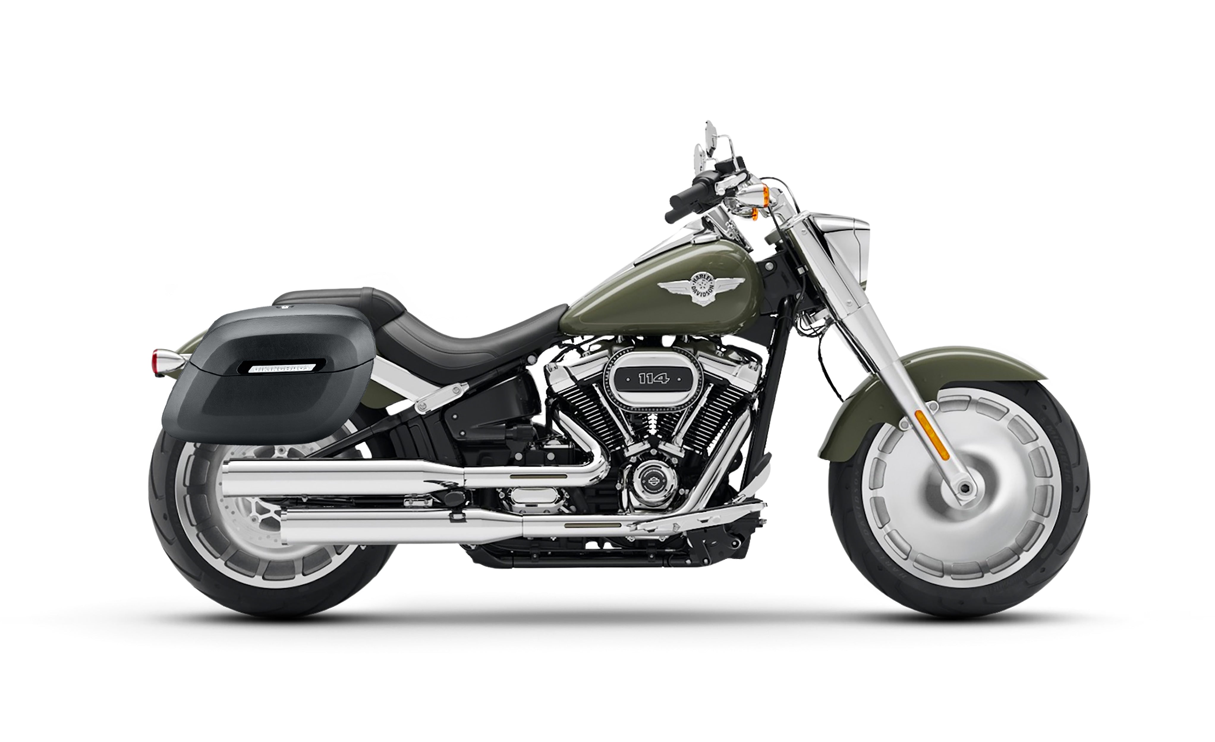 40L - Lamellar Raven Extra Large Leather Covered Motorcycle Hard Saddlebags for Harley Softail Fat Boy FLFB/S Bag on Bike @expand