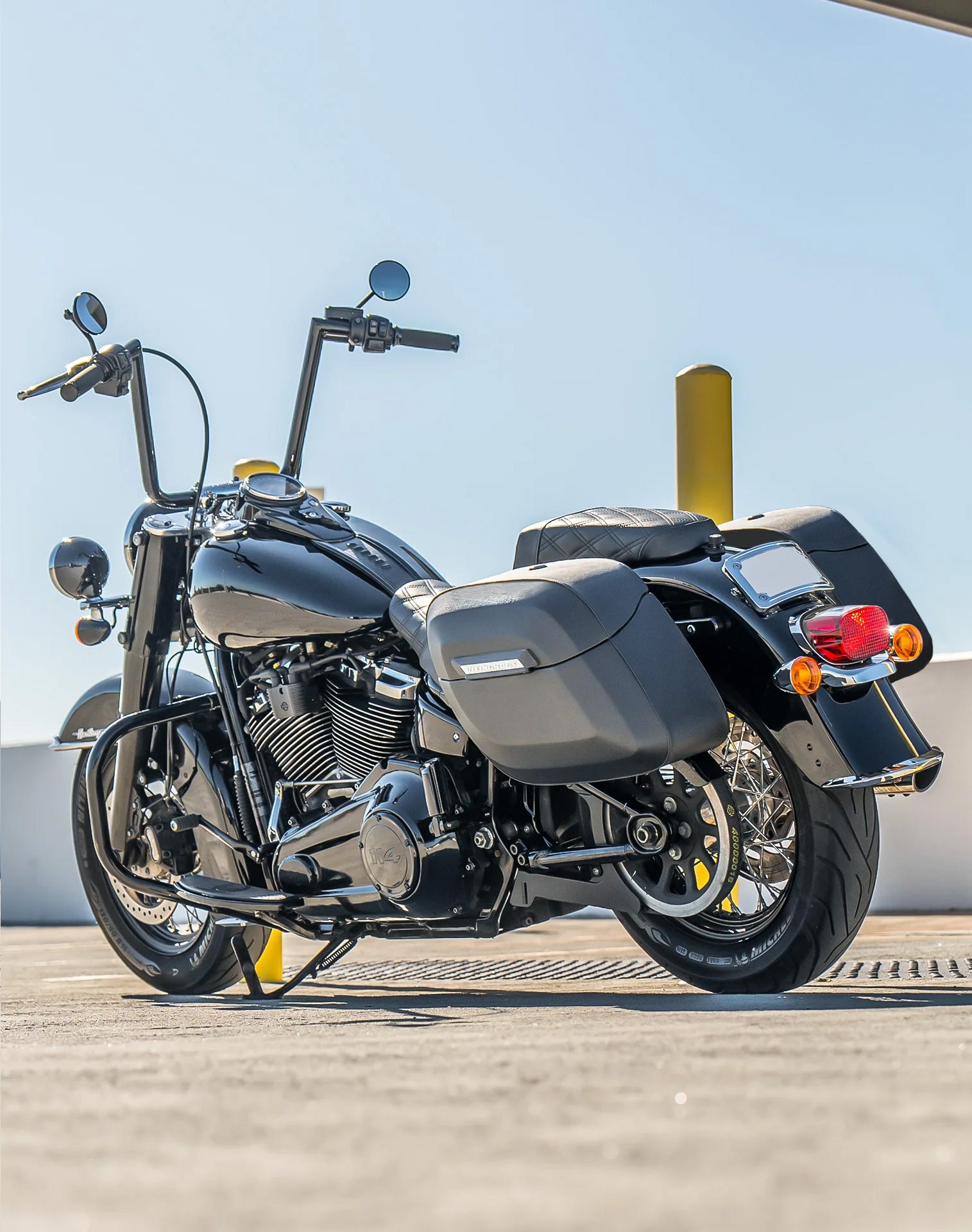 40L - Lamellar Raven Extra Large Leather Covered Motorcycle Hard Saddlebags for Harley Softail Heritage FLHC/S Lifestyle