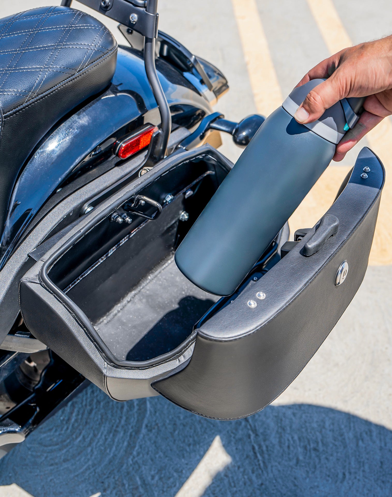 40L - Lamellar Raven Extra Large Leather Covered Motorcycle Hard Saddlebags for Harley Softail Low Rider S FXLRS Lifestyle