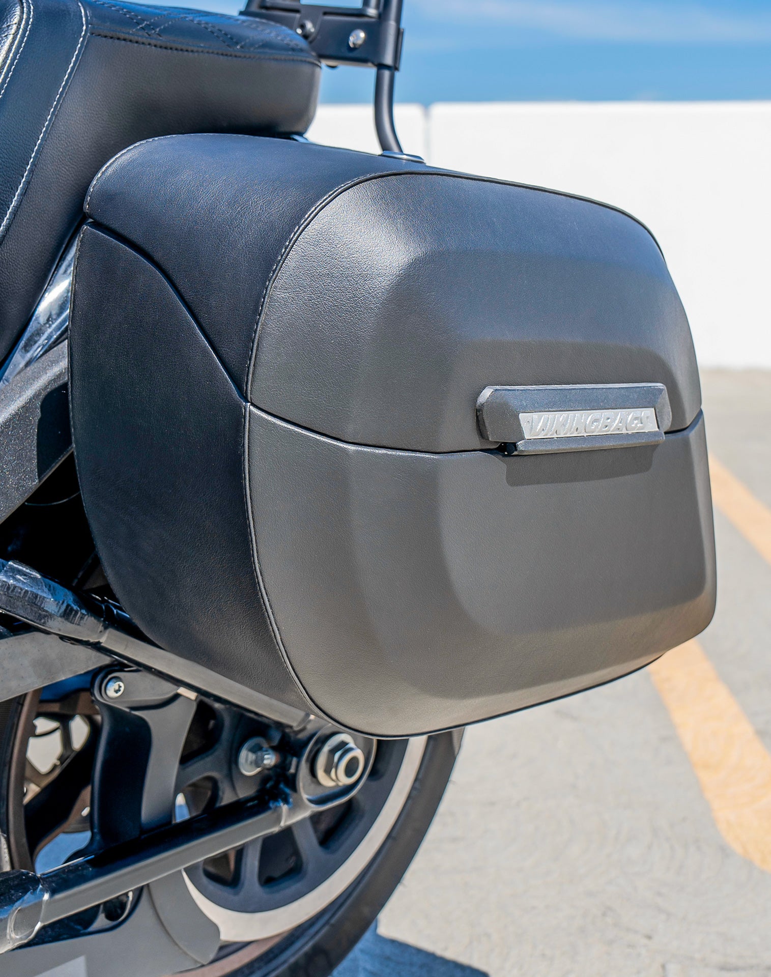 40L - Lamellar Raven Extra Large Leather Covered Motorcycle Hard Saddlebags for Harley Softail Low Rider S FXLRS Lifestyle