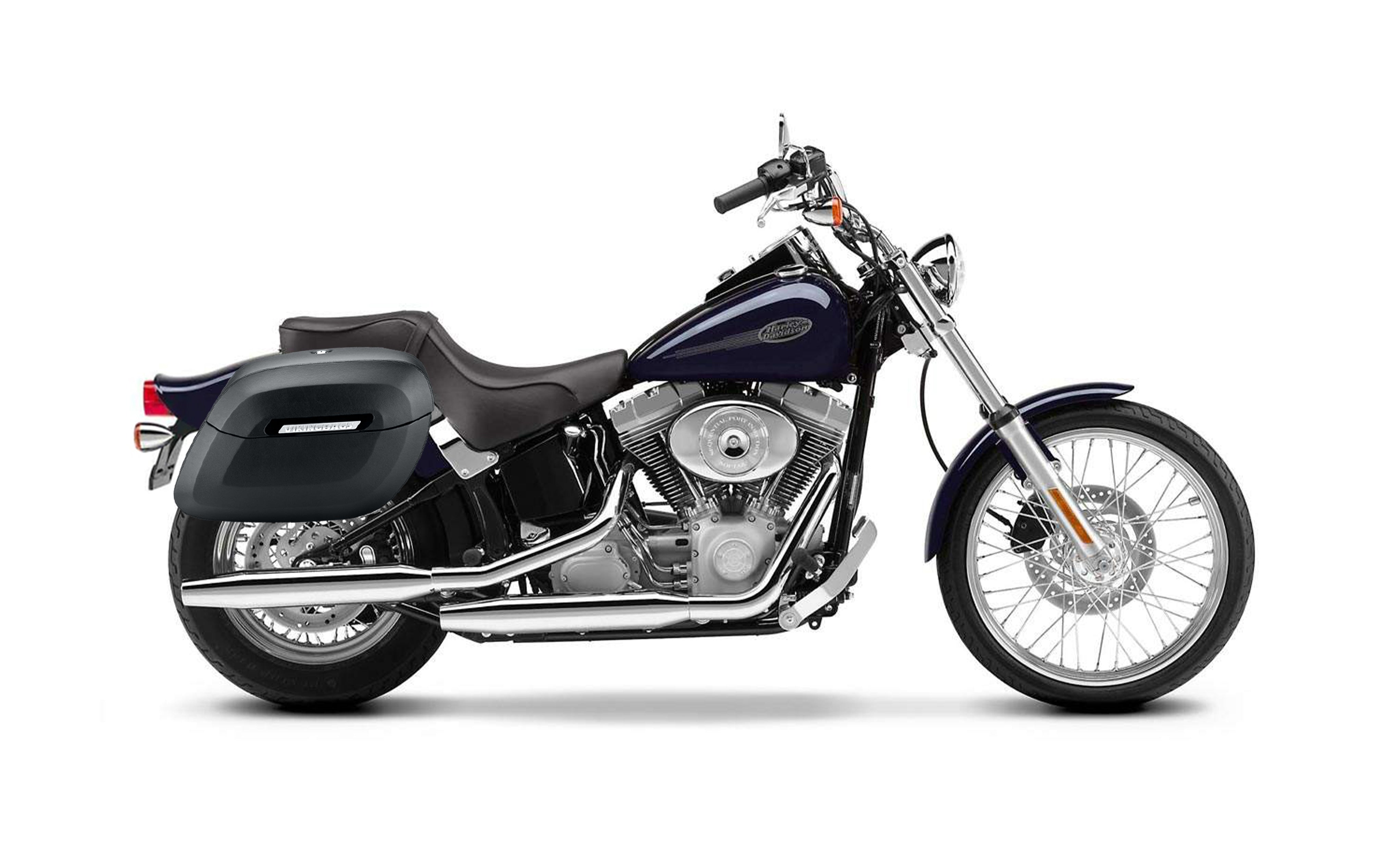 40L - Lamellar Raven Extra Large Leather Covered Motorcycle Hard Saddlebags for Harley Softail Standard FXST/I Bag on Bike @expand