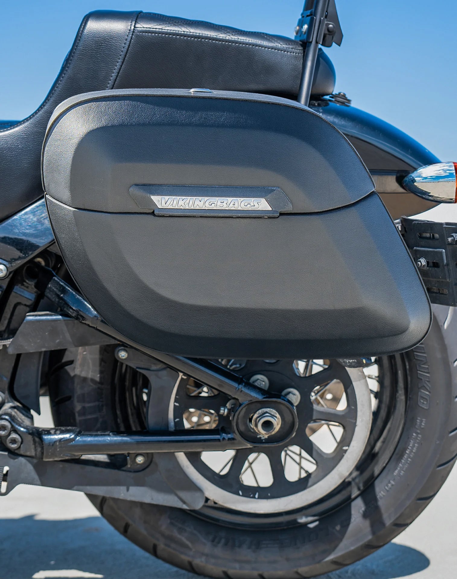 40L - Lamellar Raven Extra Large Leather Covered Motorcycle Hard Saddlebags for Harley Softail Street Bob FXBB/S Lifestyle