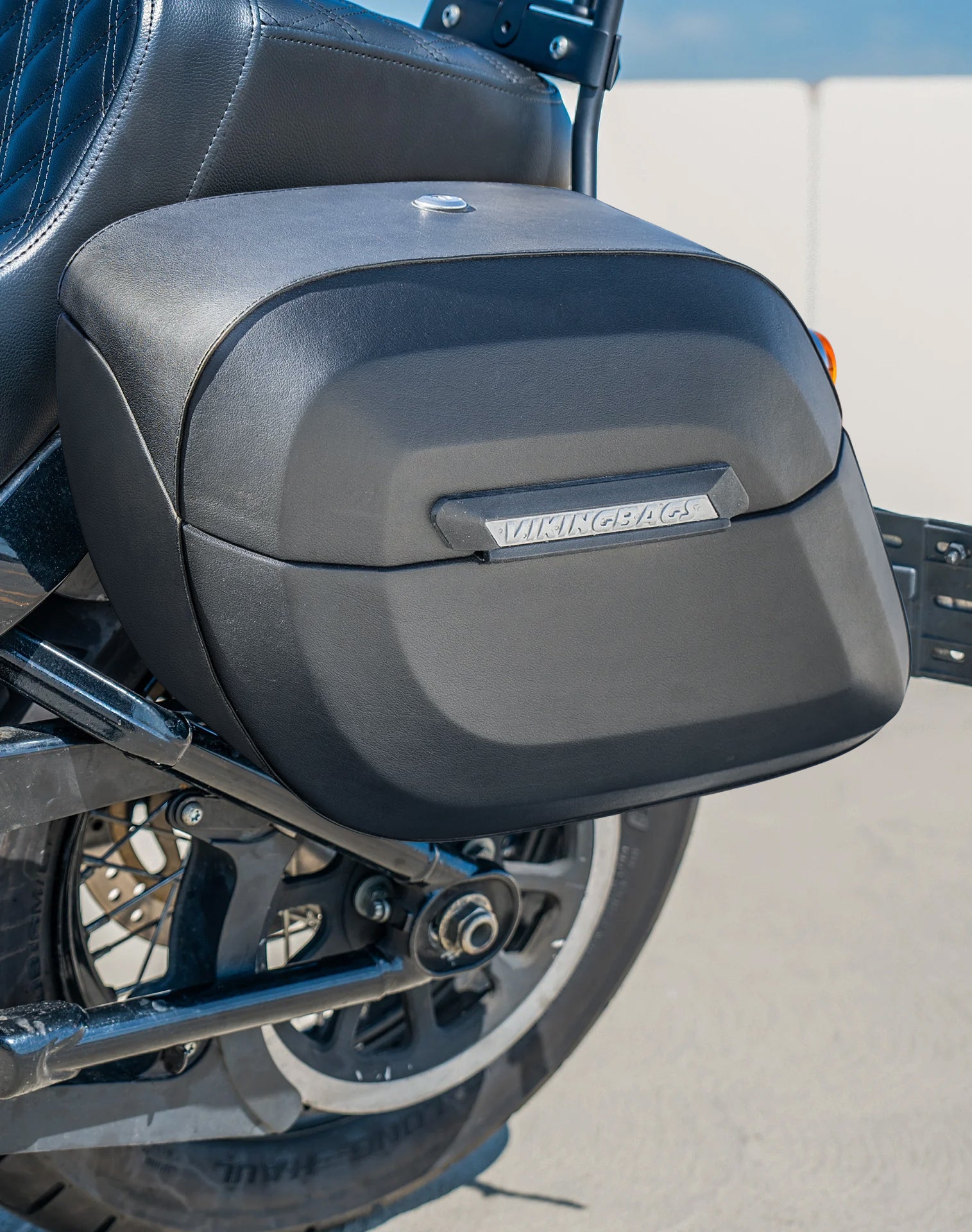 40L - Lamellar Raven Extra Large Leather Covered Motorcycle Hard Saddlebags for Harley Softail Street Bob FXBB/S Lifestyle