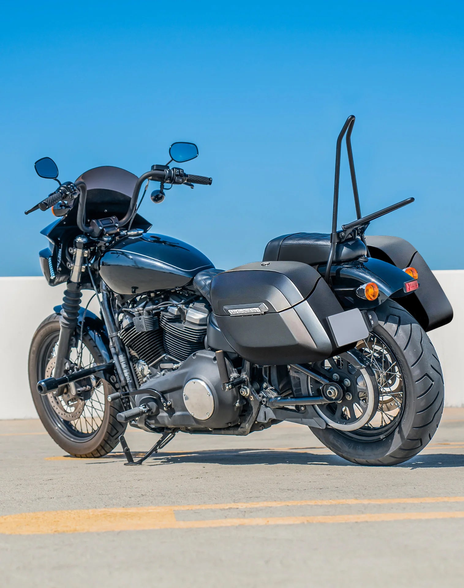 40L - Lamellar Raven Extra Large Matte Motorcycle Hard Saddlebags for Harley Softail Street Bob FXBB/S Lifestyle