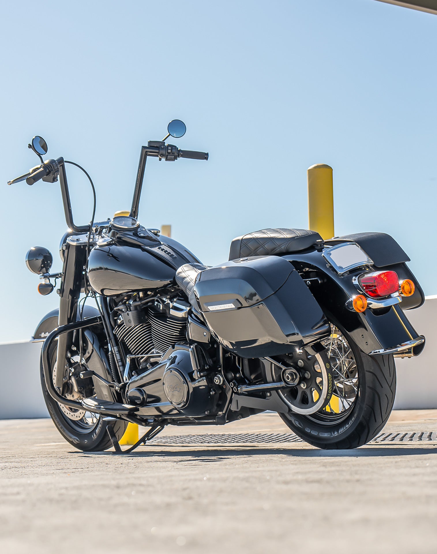 40L - Lamellar Raven Extra Large Painted Motorcycle Hard Saddlebags for Harley Softail Heritage FLHC/S Lifestyle