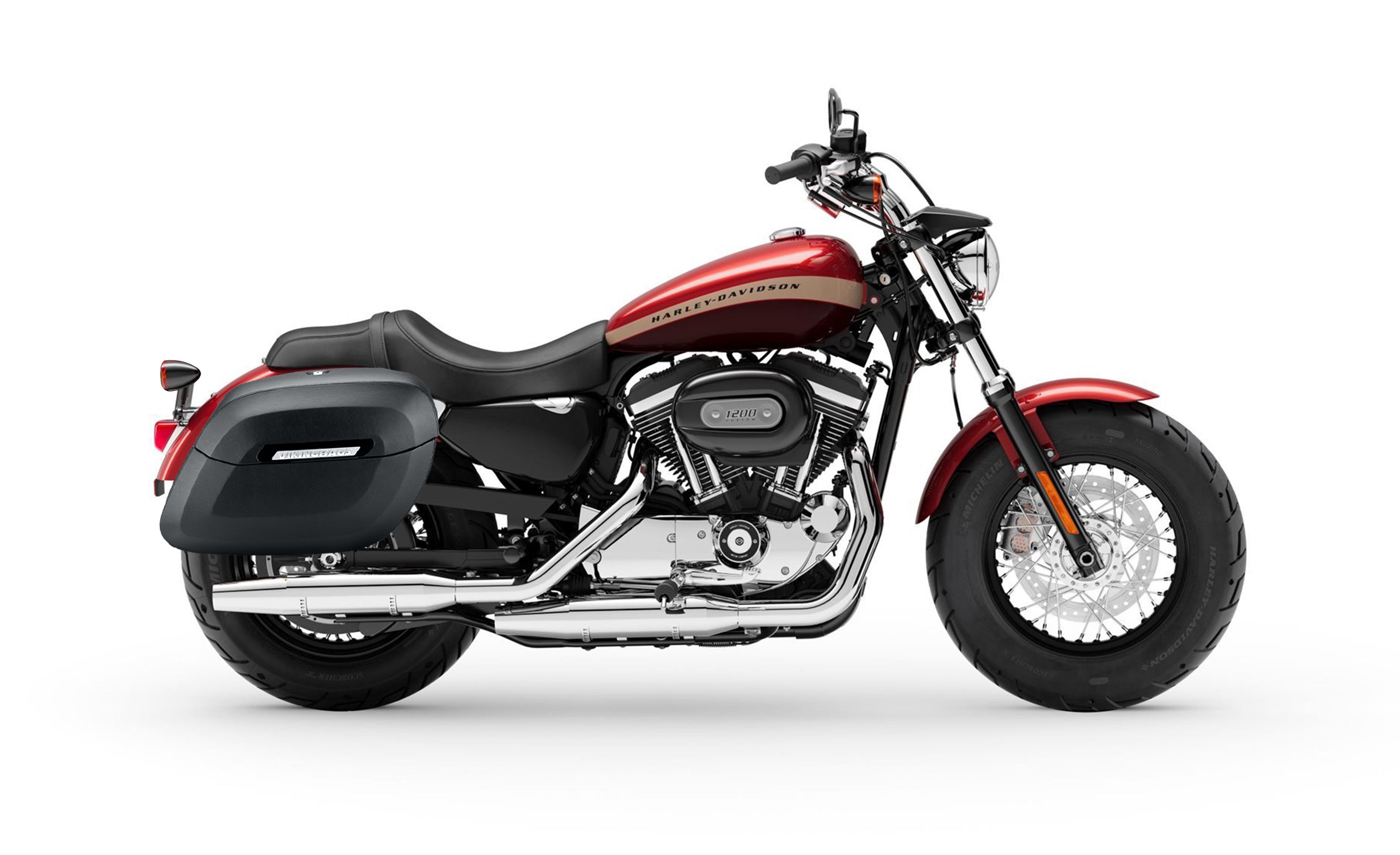 34L - Lamellar Raven Extra Large Shock Cut-out Leather Covered Hard Saddlebags for Harley Sportster 1200 Custom XL1200C/XLH1200C Bag on Bike @expand