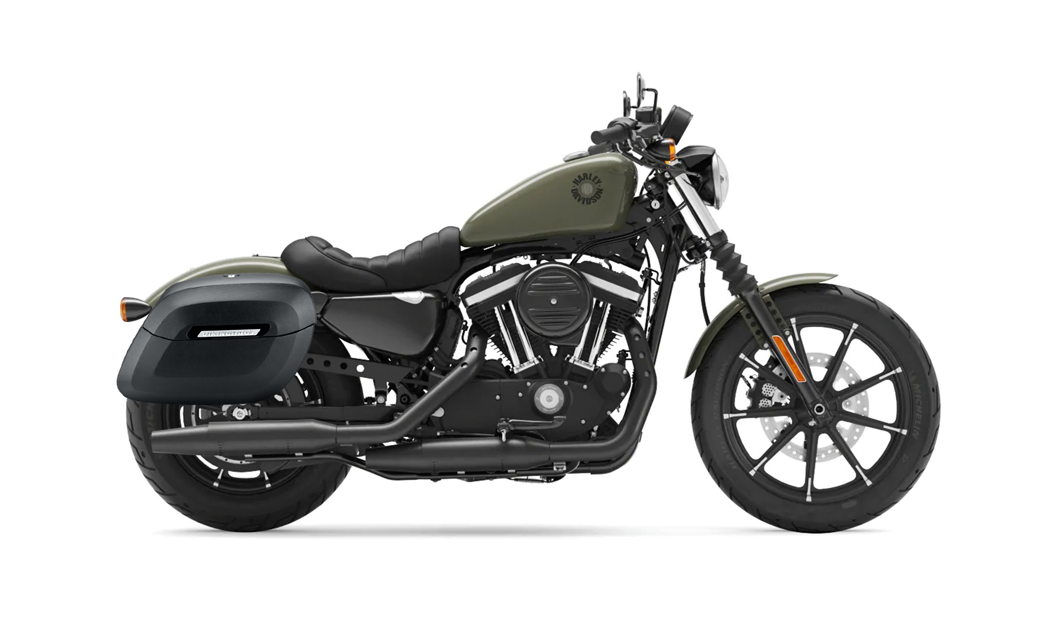 34L - Lamellar Raven Extra Large Shock Cut-out Leather Covered Hard Saddlebags for Harley Sportster 883 Iron XL883N Bag on Bike @expand