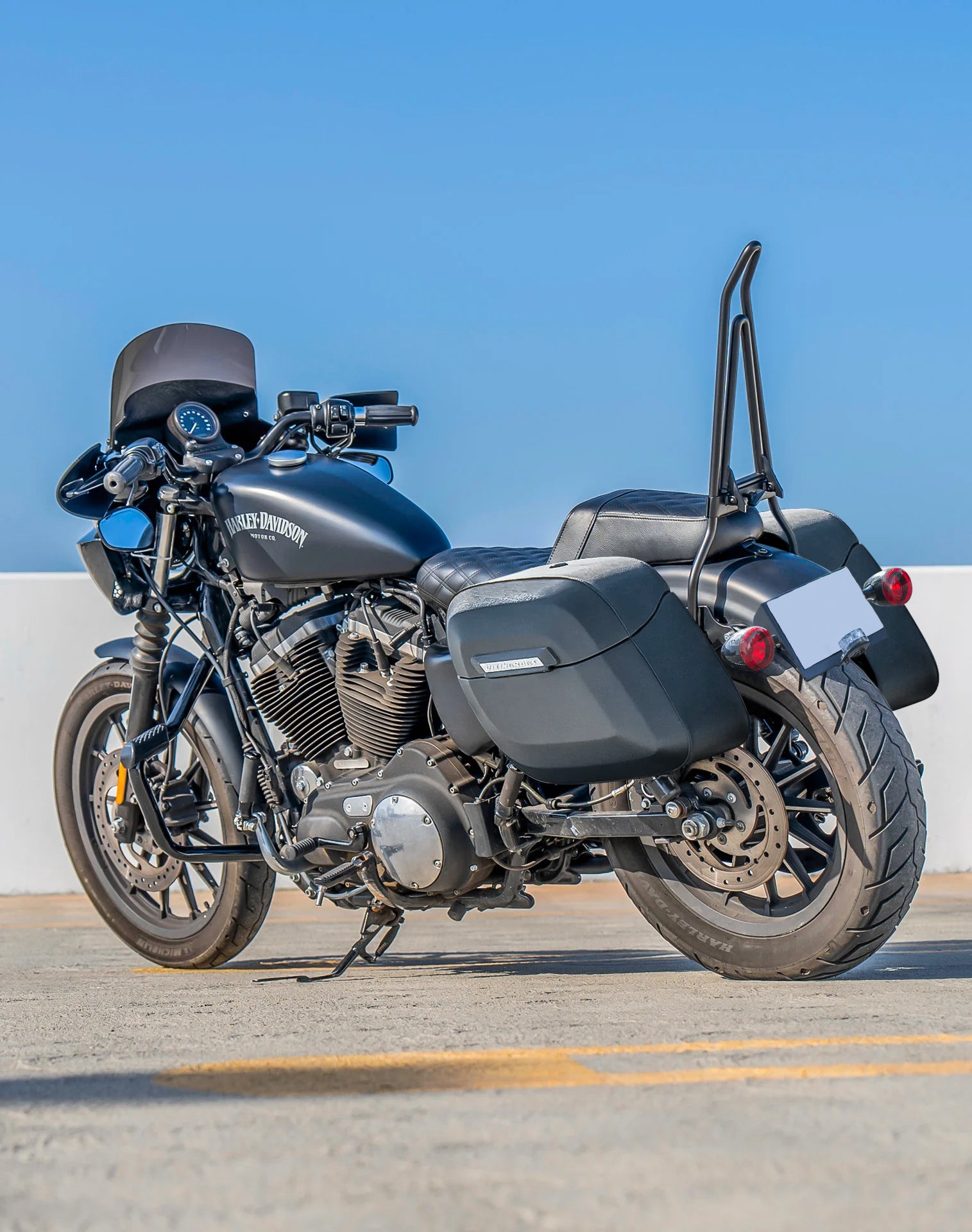 36L - Lamellar Raven Extra Large Shock Cut-out Leather Covered Hard Saddlebags for Harley Sportster 883 Iron XL883N Lifestyle