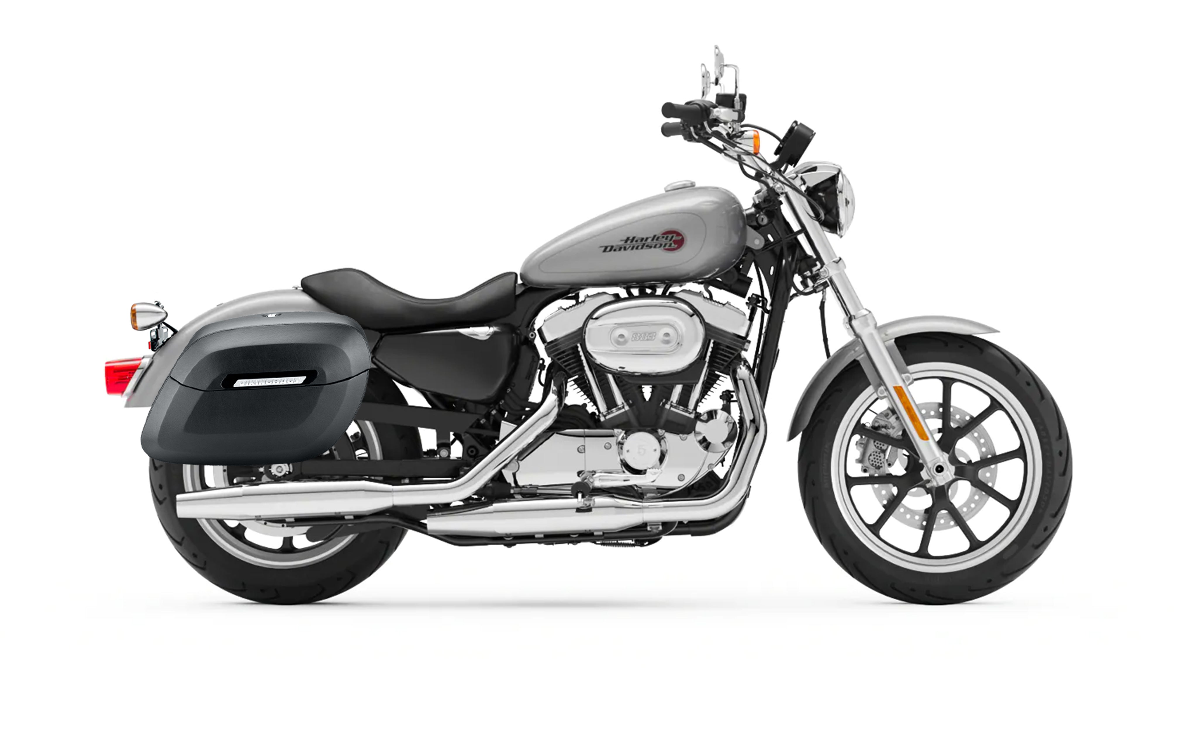 34L - Lamellar Raven Extra Large Shock Cut-out Leather Covered Hard Saddlebags for Harley Sportster Super Low XL883L Bag on Bike @expand