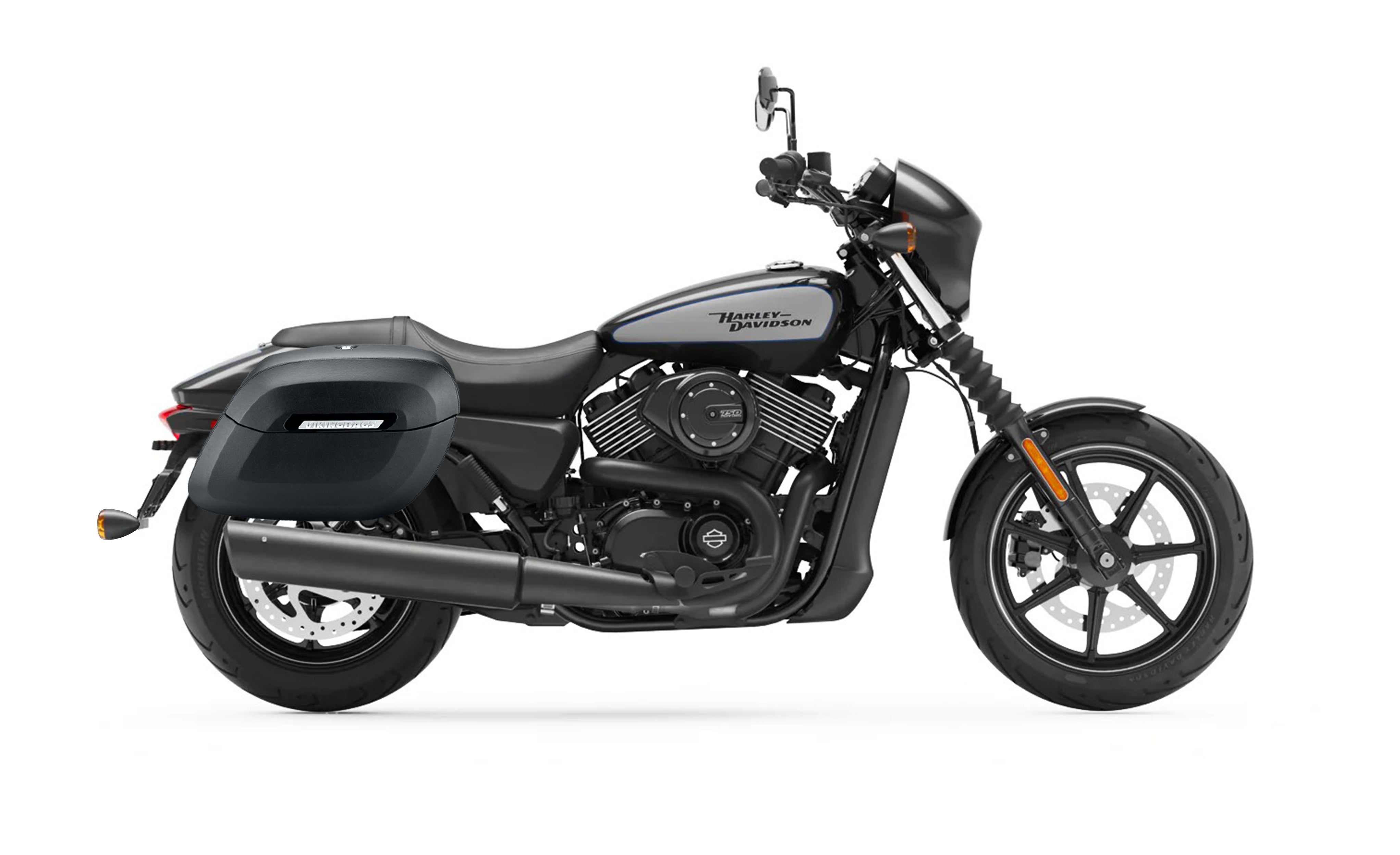 34L - Lamellar Raven Extra Large Shock Cut-out Leather Covered Motorcycle Hard Saddlebags for Harley Street 750 Bag on Bike @expand