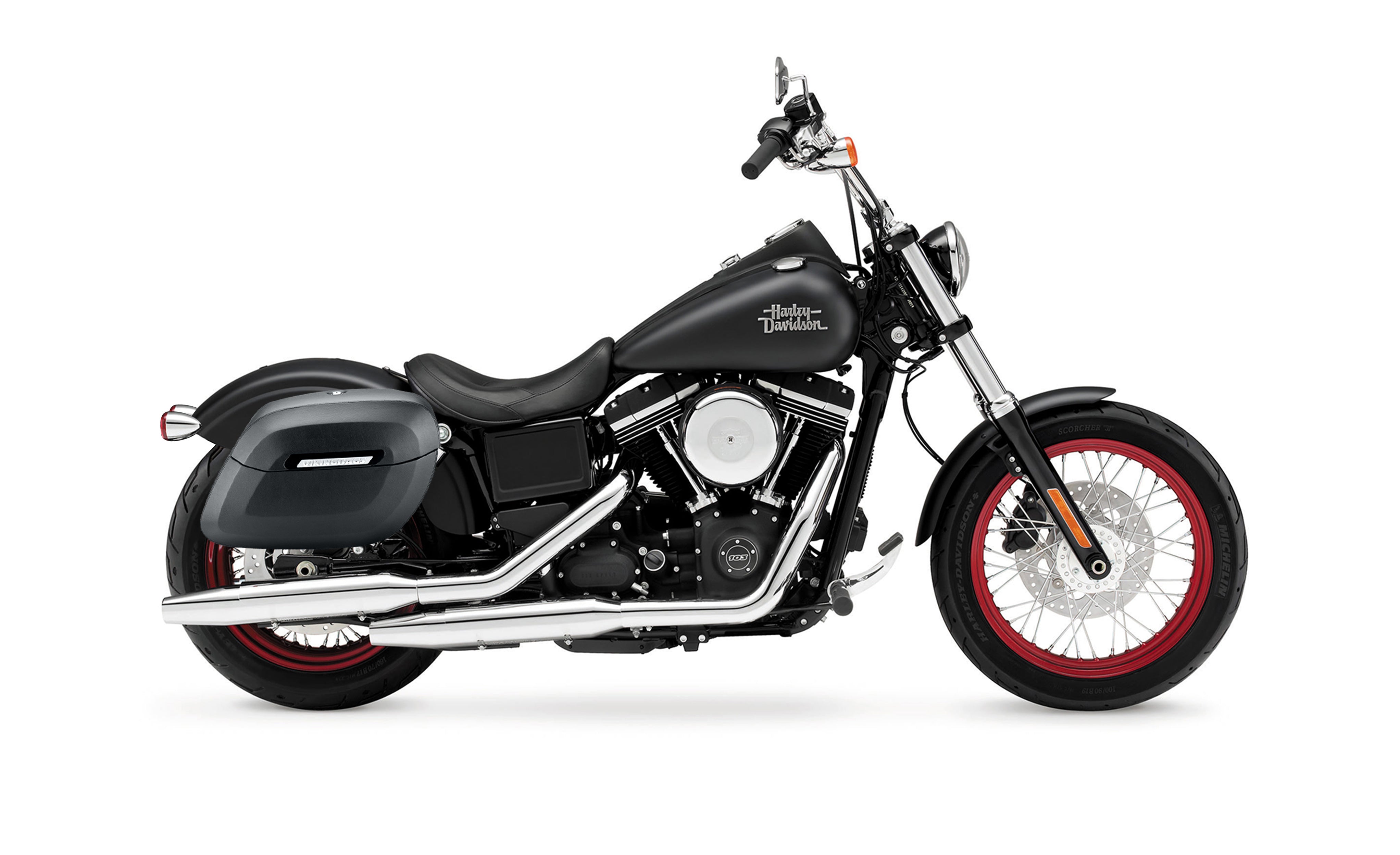 34L - Lamellar Raven Extra Large Shock Cutout Matte Motorcycle Hard Saddlebags for Harley Dyna Street Bob FXDB/I Bag on Bike @expand