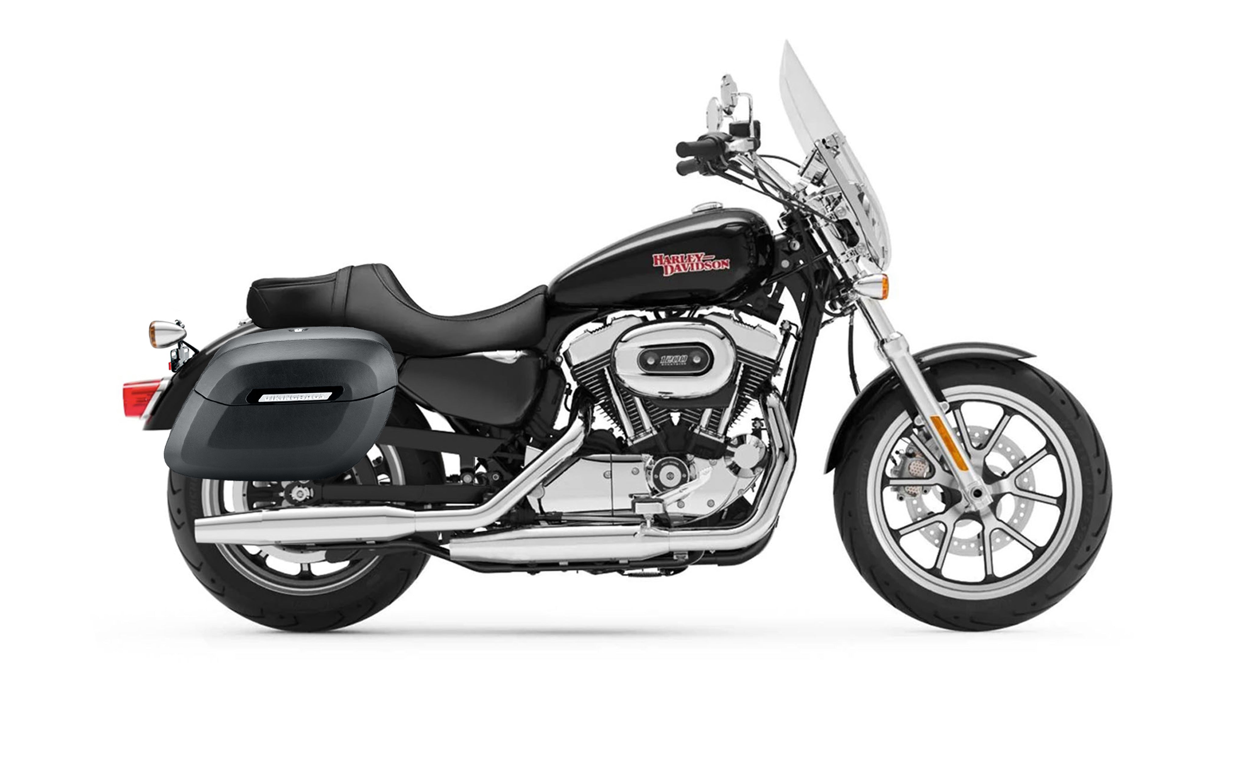 34L - Lamellar Raven Extra Large Shock Cutout Matte Motorcycle Hard Saddlebags for Harley Sportster 1200 Super Low XL1200T Bag on Bike @expand