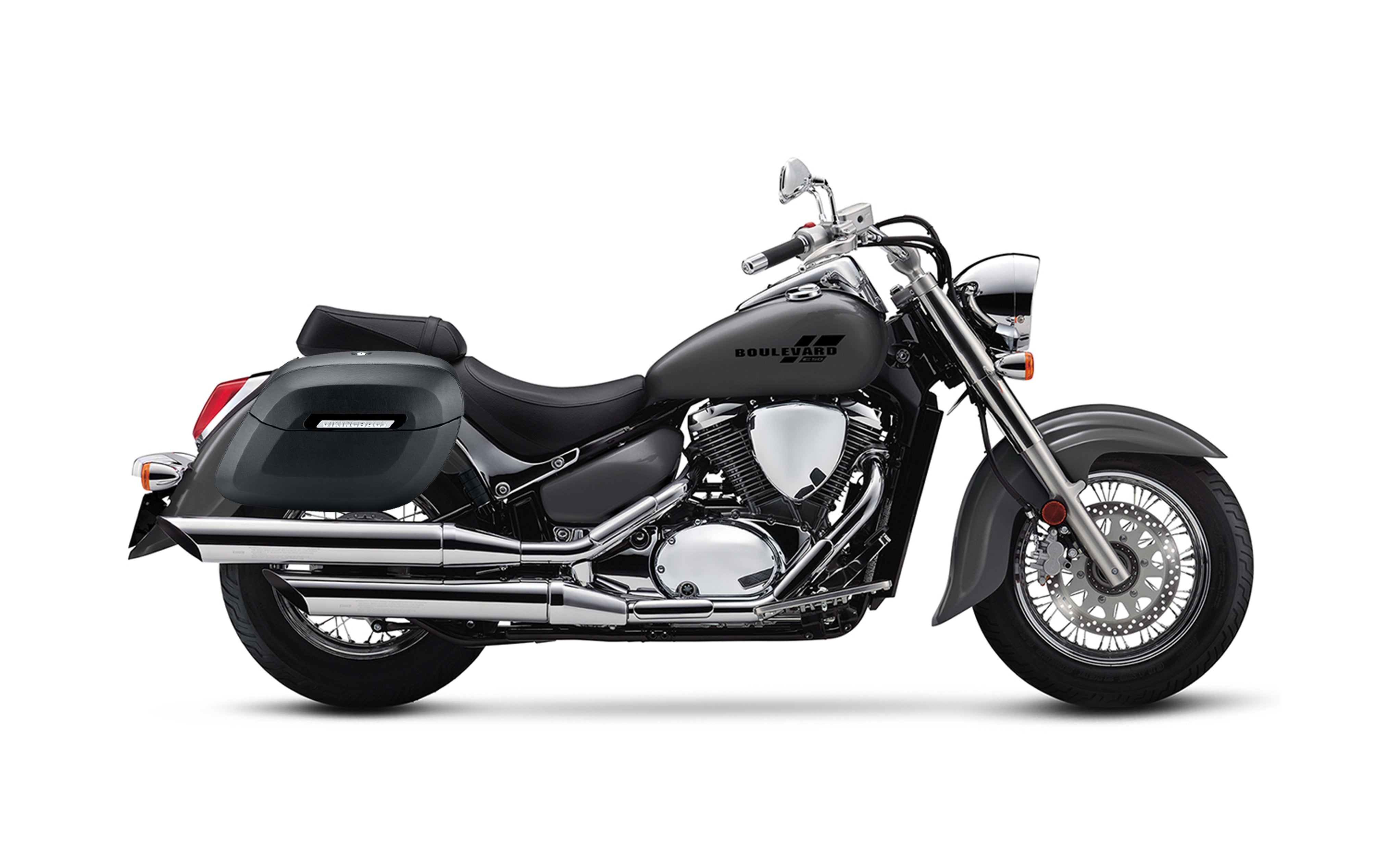 40L - Lamellar Raven Extra Large Suzuki Boulevard C50 VL800 Leather Covered Motorcycle Hard Saddlebags Bag on Bike @expand