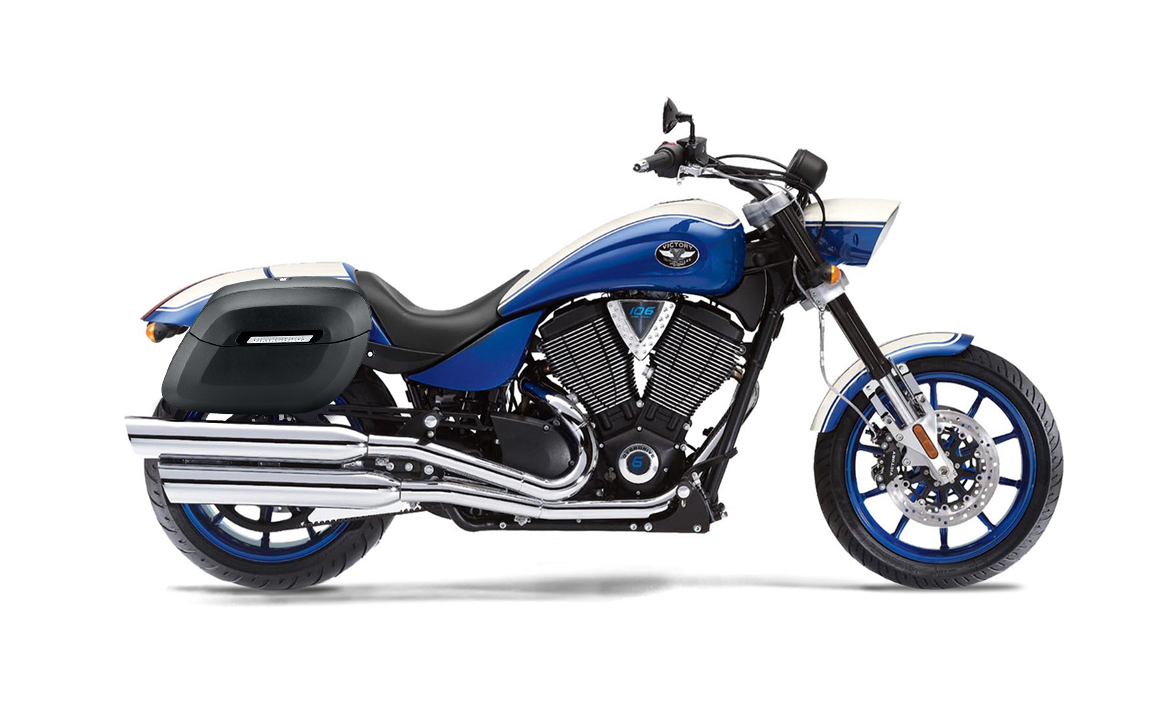 40L - Lamellar Raven Extra Large Victory Hammer Leather Covered Motorcycle Hard Saddlebags Bag on Bike @expand