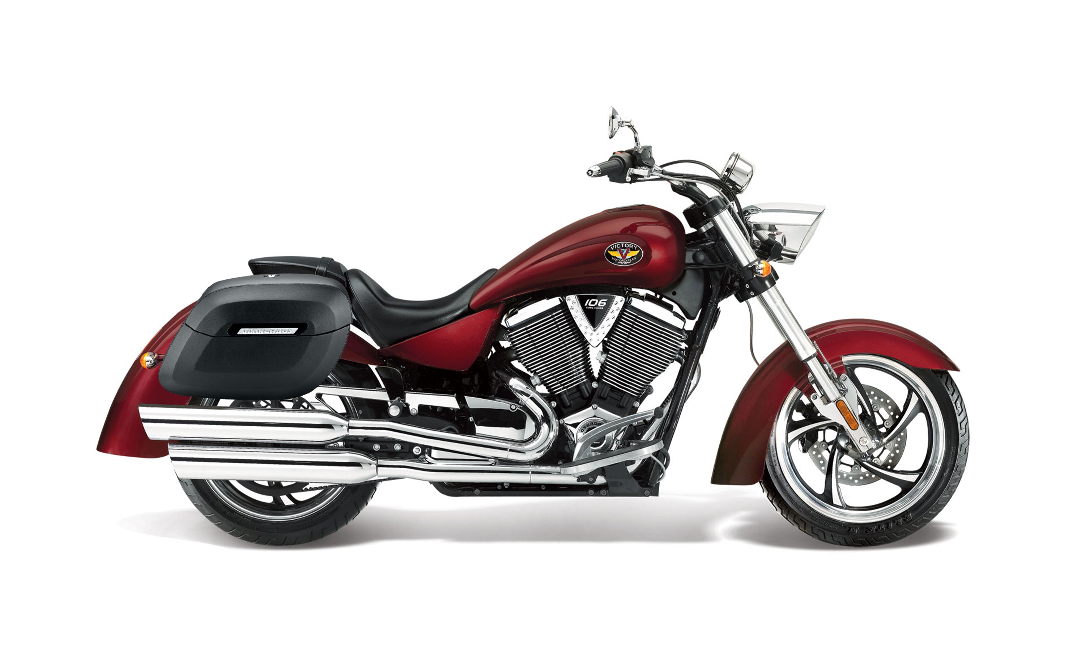 40L - Lamellar Raven Extra Large Victory Kingpin Leather Covered Motorcycle Hard Saddlebags Bag on Bike @expand