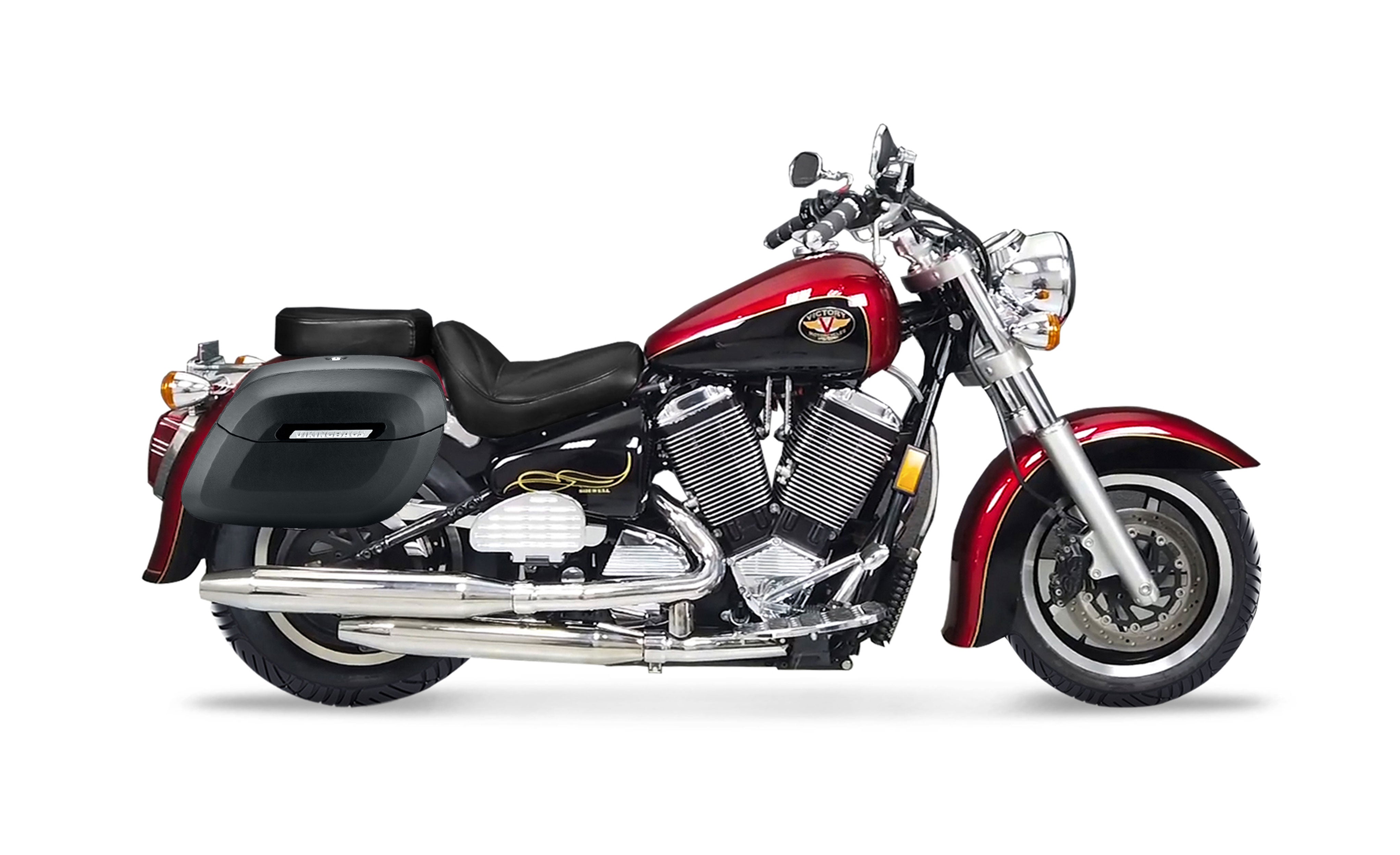 40L - Lamellar Raven Extra Large Victory V92C Leather Covered Motorcycle Hard Saddlebags Bag on Bike @expand