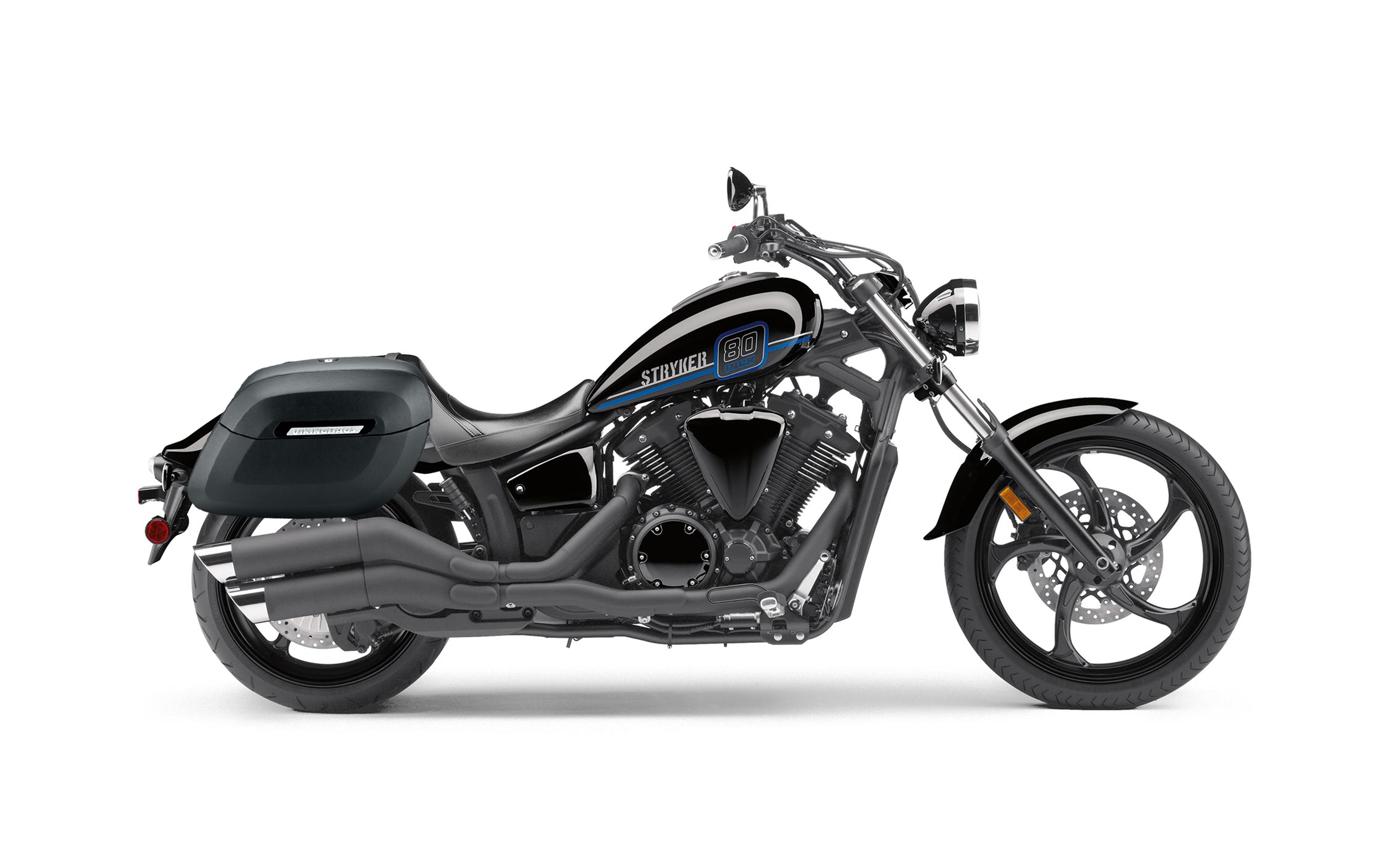 40L - Lamellar Raven Extra Large Yamaha Stryker Leather Covered Motorcycle Hard Saddlebags Bag on Bike @expand
