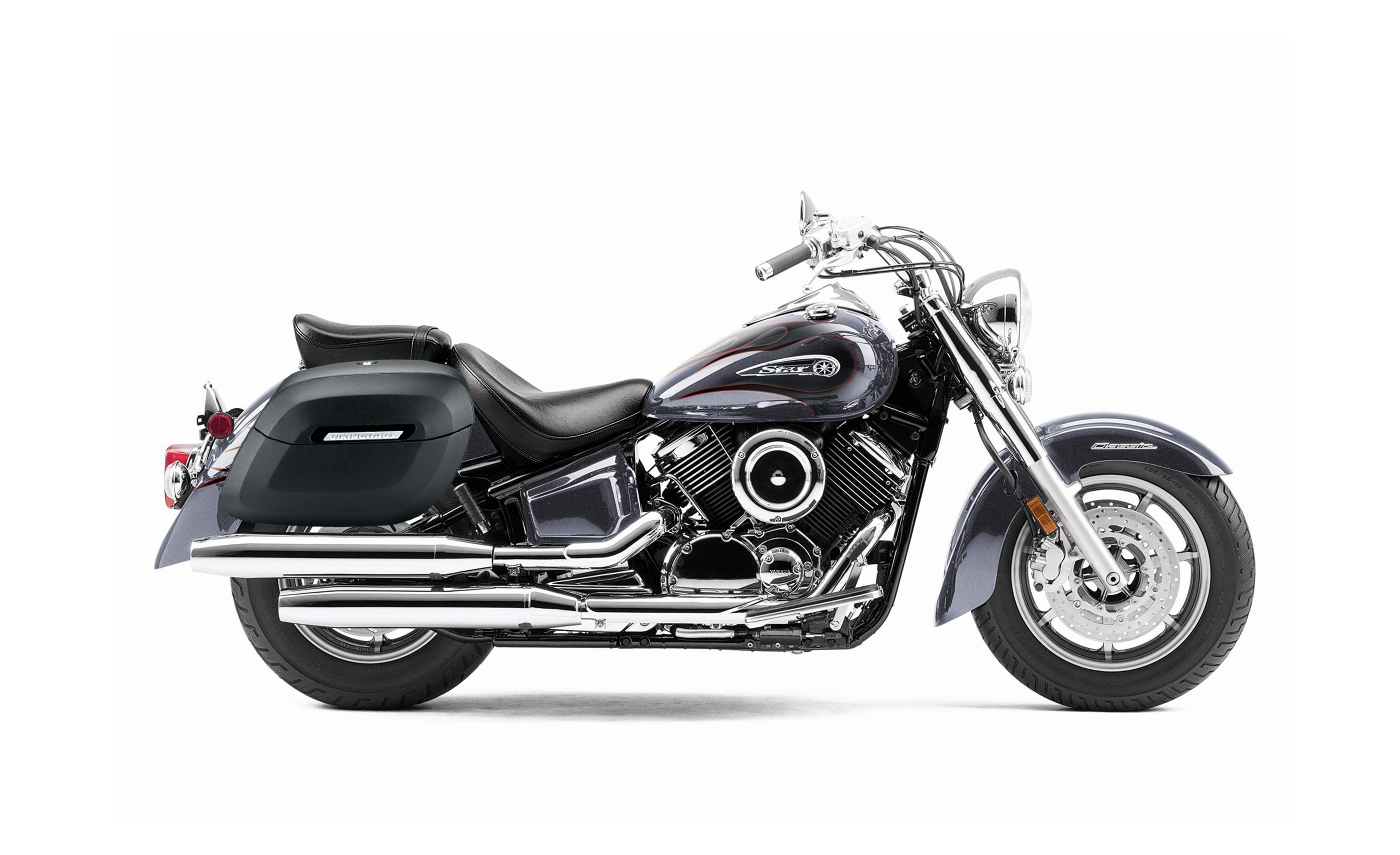 40L - Lamellar Raven Extra Large Yamaha V Star 1100 Classic XVS11A Leather Covered Motorcycle Hard Saddlebags Bag on Bike @expand